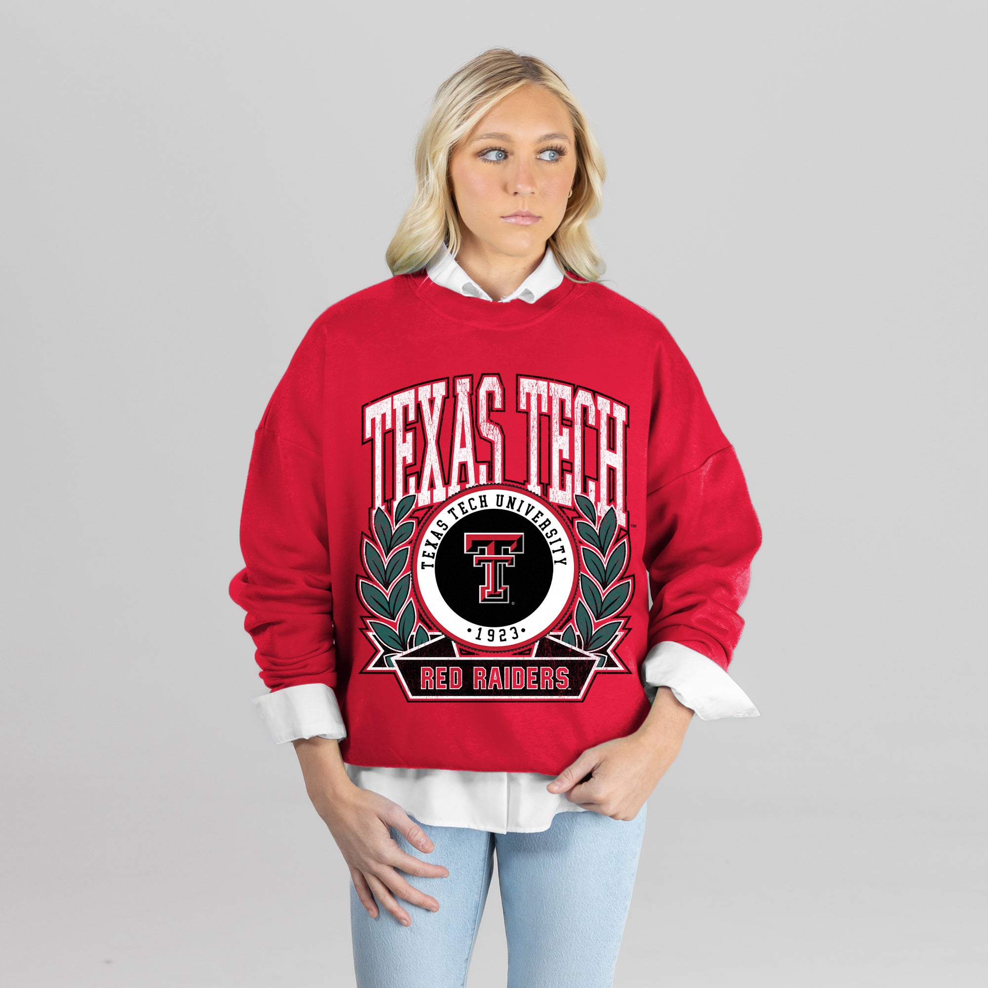 TEXAS TECH RED RAIDERS CLASSIC ARCHIVES PREMIUM DROP SHOULDER FLEECE CREWNECK PULLOVER