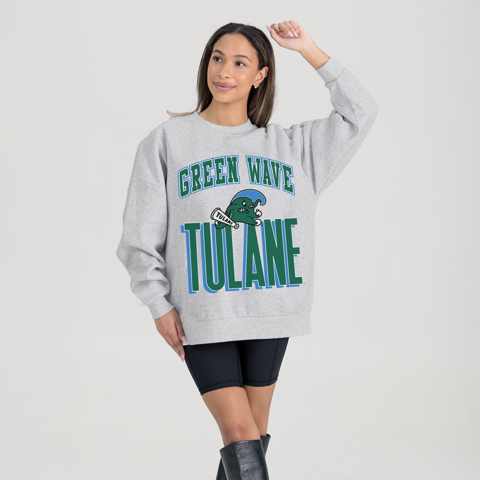TULANE GREEN WAVE FIERCE FOCUS PREMIUM FLEECE DROP SHOULDER CREWNECK PULLOVER