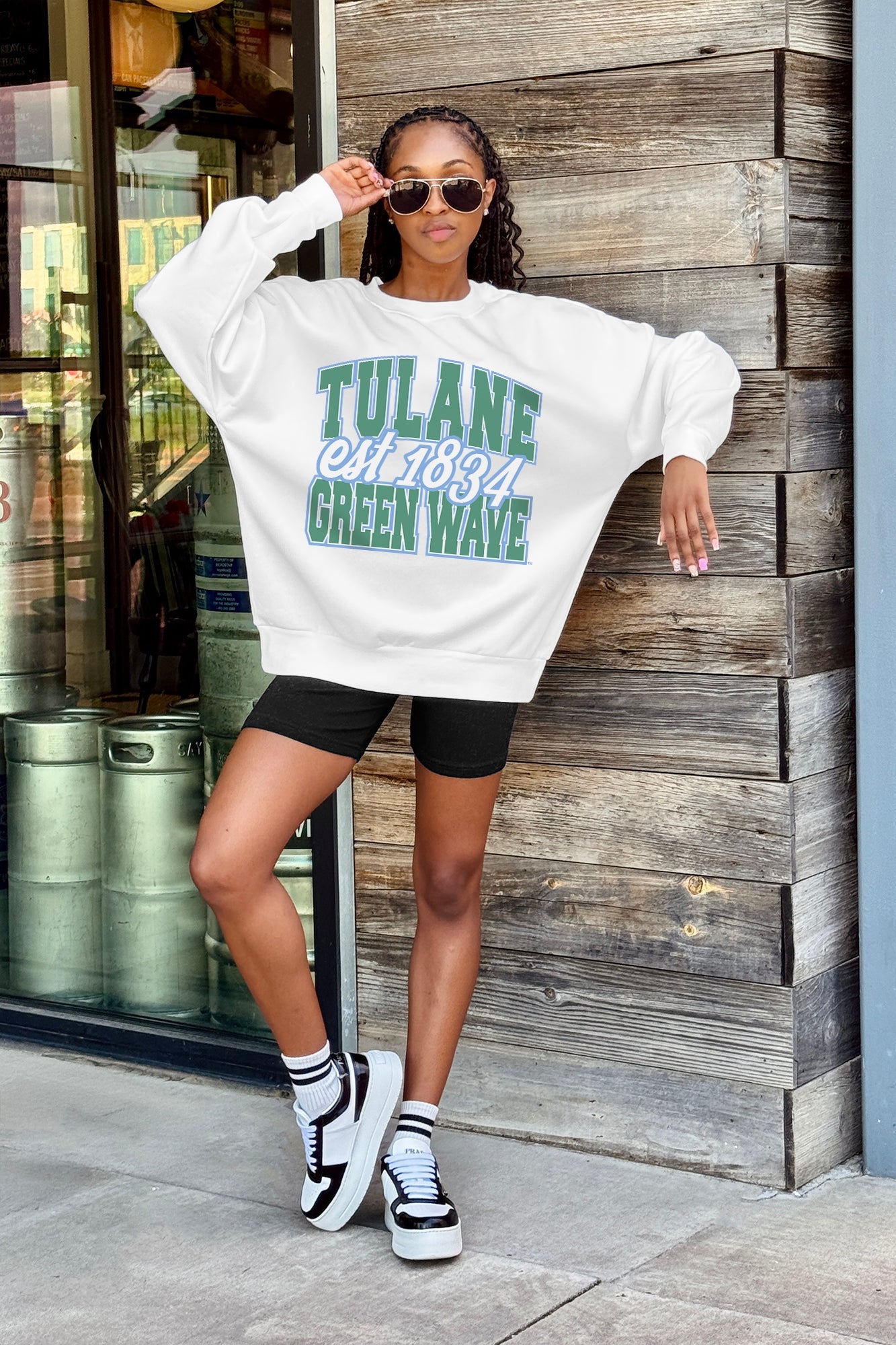 TULANE GREEN WAVE FADED FORMATION PREMIUM FLEECE DROP SHOULDER CREWNECK PULLOVER
