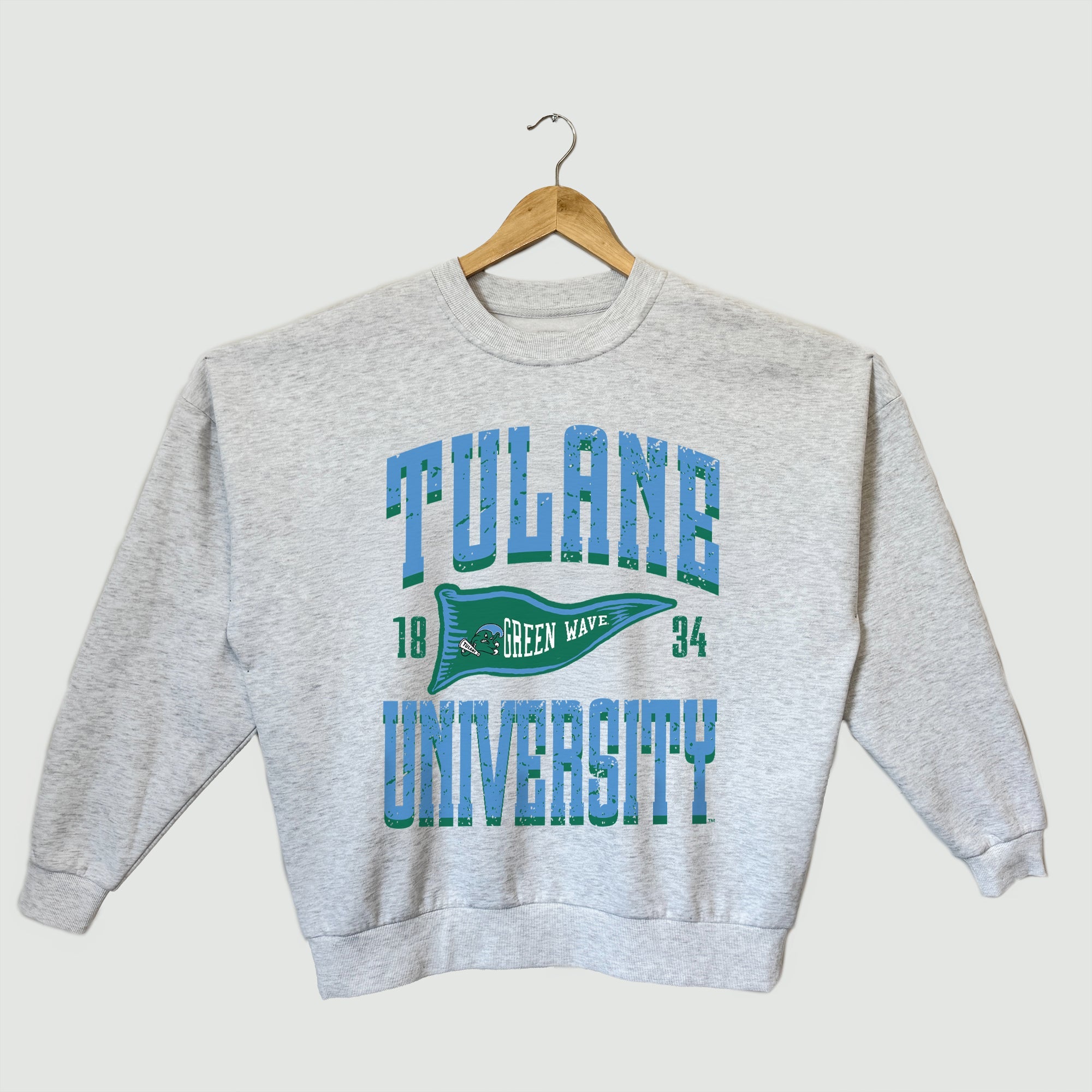 TULANE GREEN WAVE PENNANT PRIDE PREMIUM FLEECE DROP SHOULDER CREWNECK PULLOVER