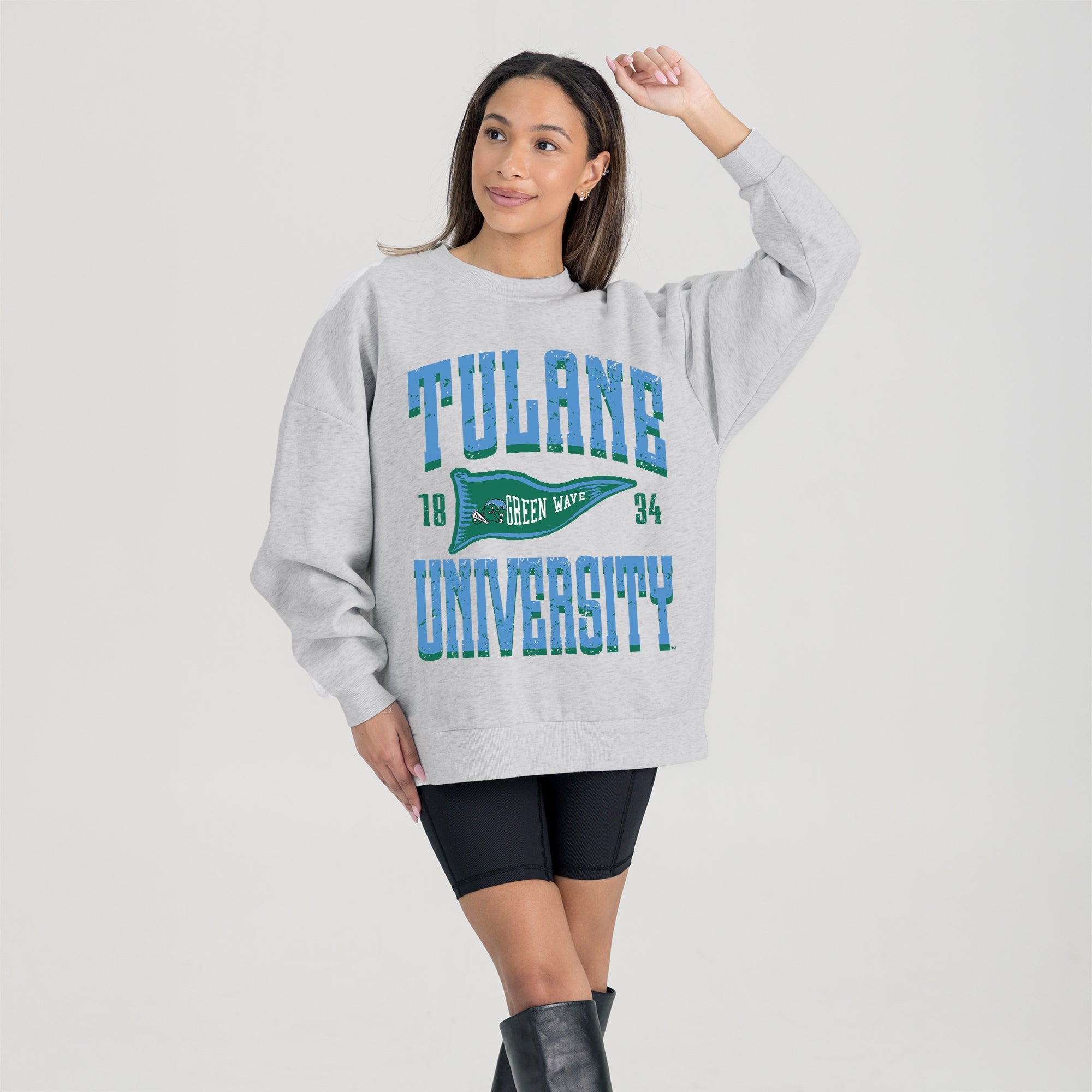 TULANE GREEN WAVE PENNANT PRIDE PREMIUM FLEECE DROP SHOULDER CREWNECK PULLOVER