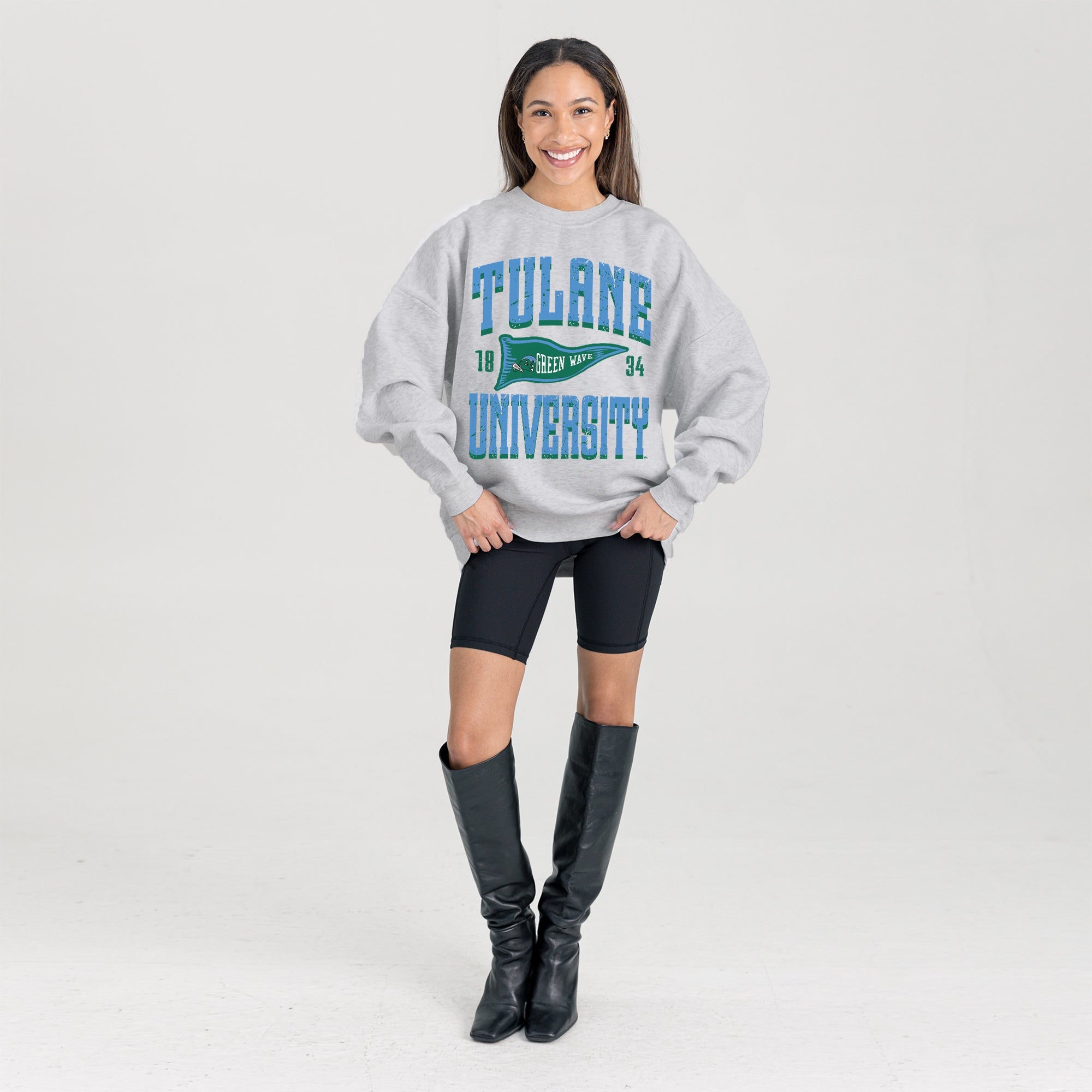TULANE GREEN WAVE PENNANT PRIDE PREMIUM FLEECE DROP SHOULDER CREWNECK PULLOVER