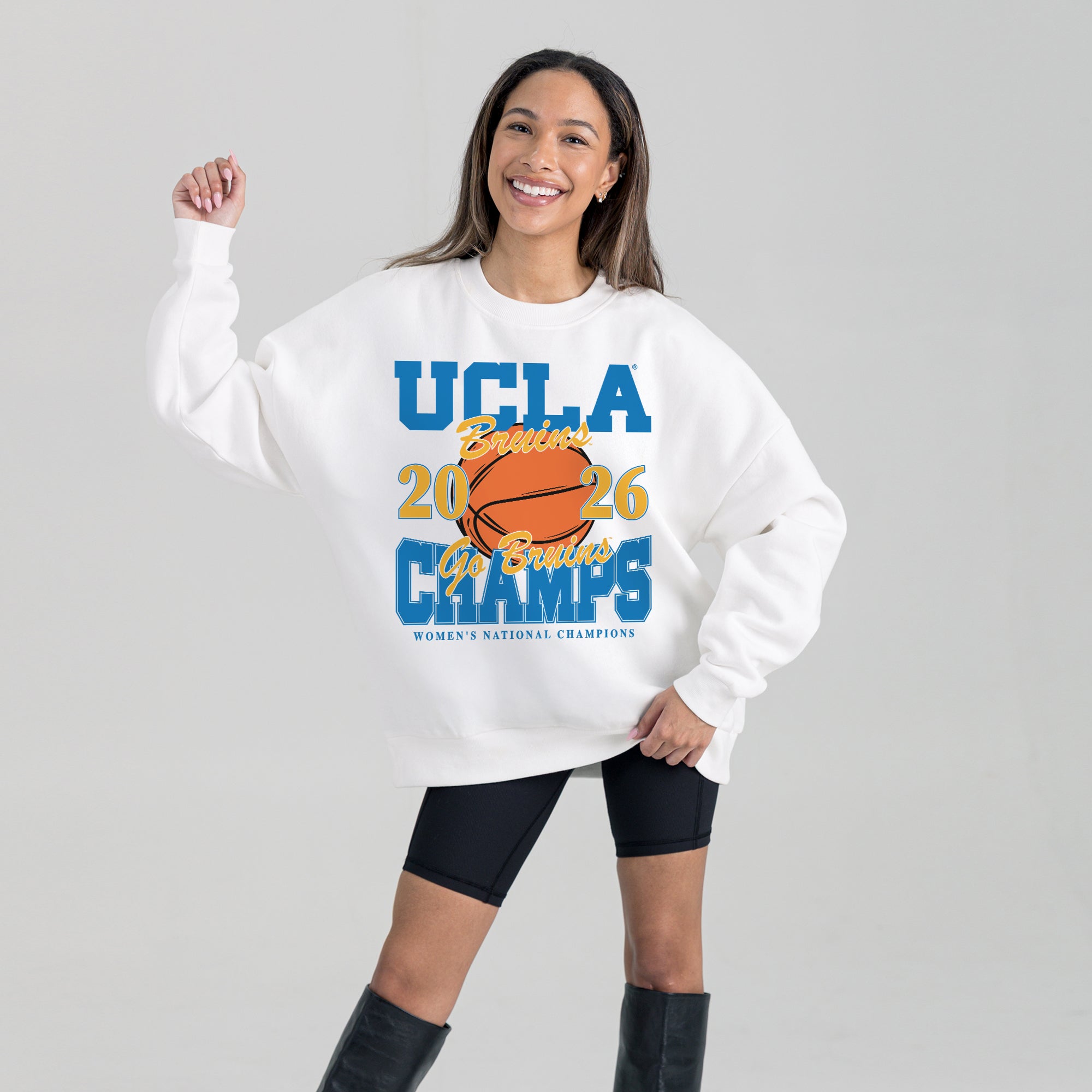 UCLA BRUINS 2026 WOMEN'S NATIONAL BASKETBALL CHAMPIONS PREMIUM DROP SHOULDER FLEECE CREWNECK PULLOVER