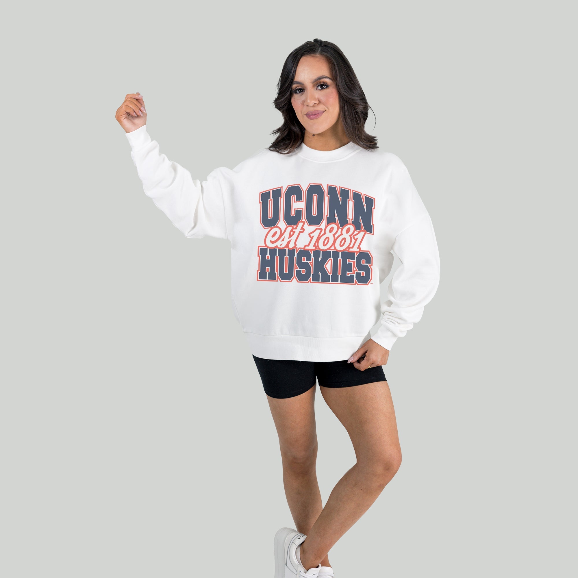 UCONN HUSKIES FADED FORMATION PREMIUM FLEECE DROP SHOULDER CREWNECK PULLOVER