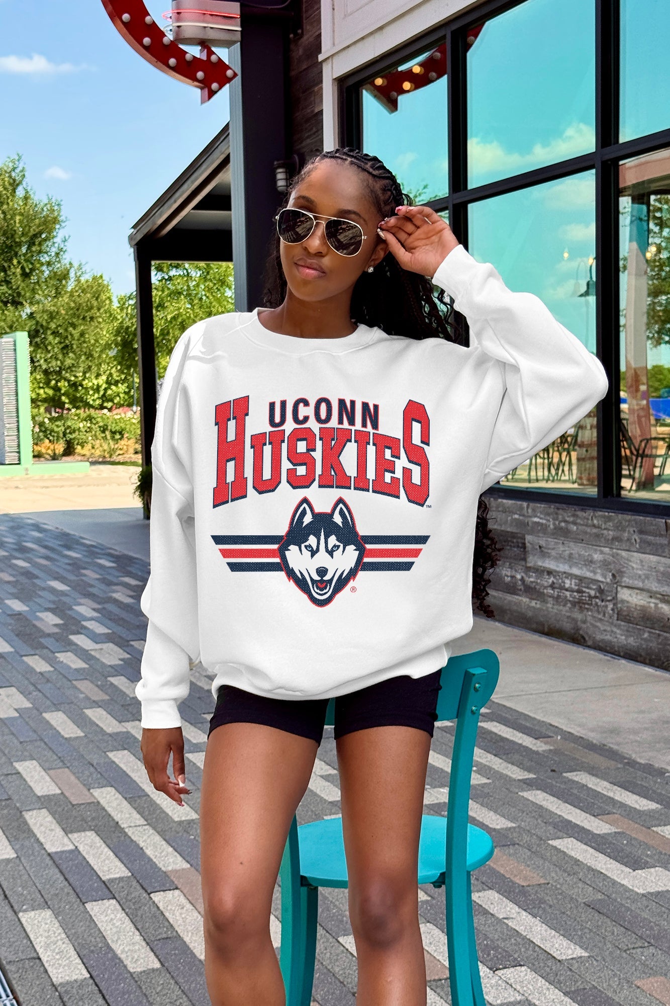 UCONN HUSKIES SWIFT STRIKE PREMIUM FLEECE DROP SHOULDER CREWNECK PULLOVER