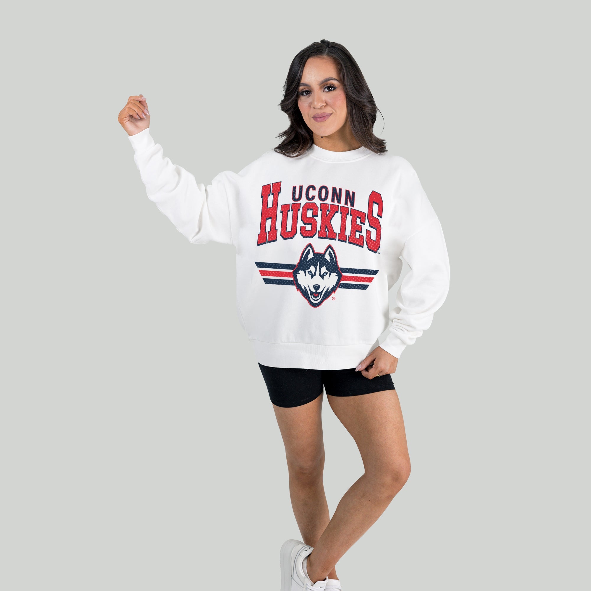 UCONN HUSKIES SWIFT STRIKE PREMIUM FLEECE DROP SHOULDER CREWNECK PULLOVER