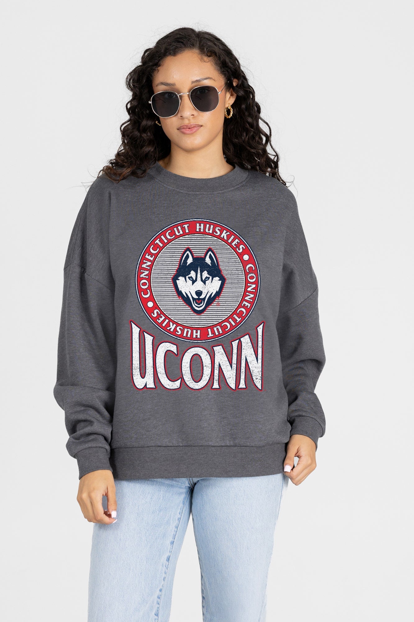 UCONN HUSKIES SATURDAY SEAL PREMIUM FLEECE DROP SHOULDER CREWNECK PULLOVER