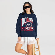 UCONN HUSKIES MAIN CHARACTER PREMIUM FLEECE DROP SHOULDER CREWNECK PULLOVER