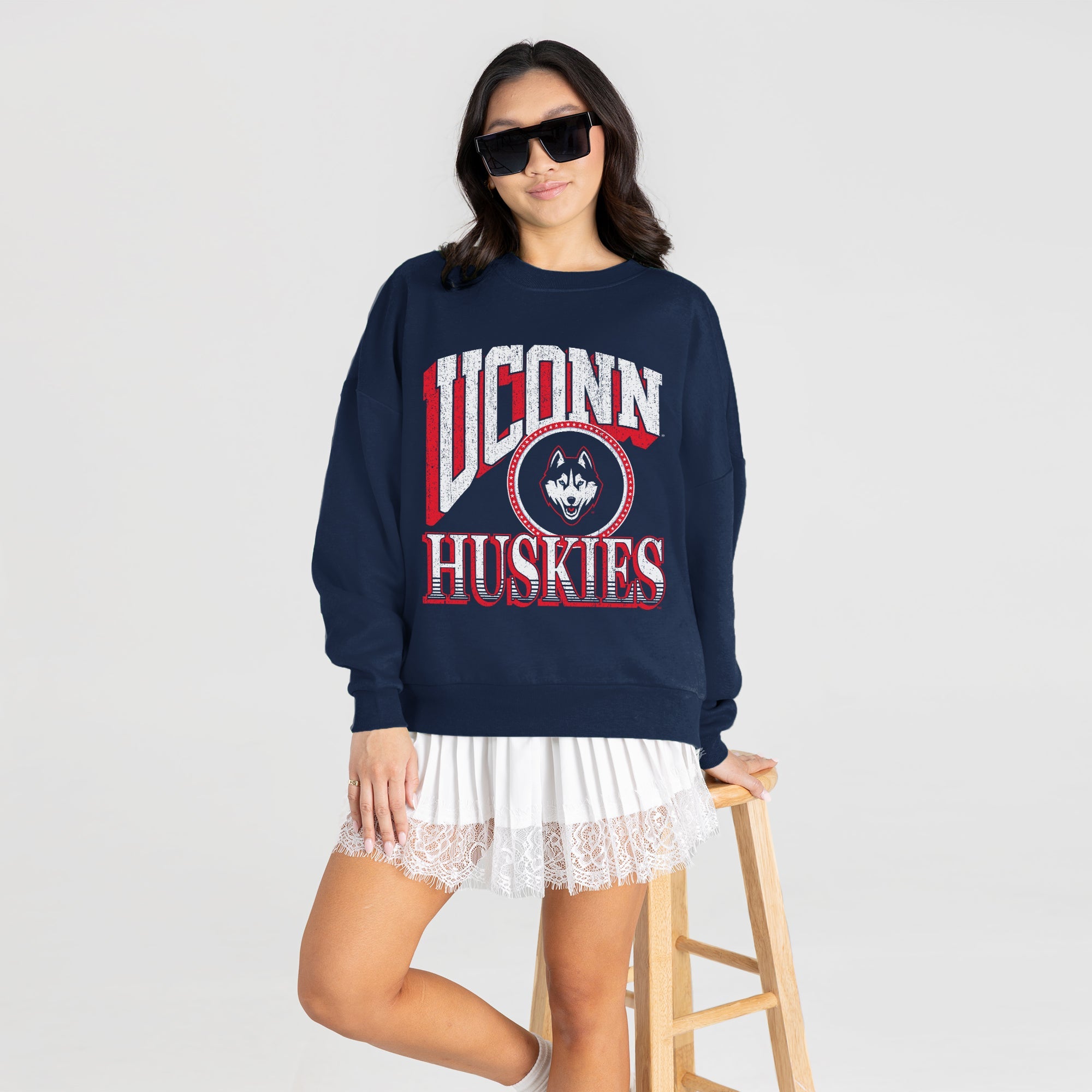 UCONN HUSKIES MAIN CHARACTER PREMIUM FLEECE DROP SHOULDER CREWNECK PULLOVER