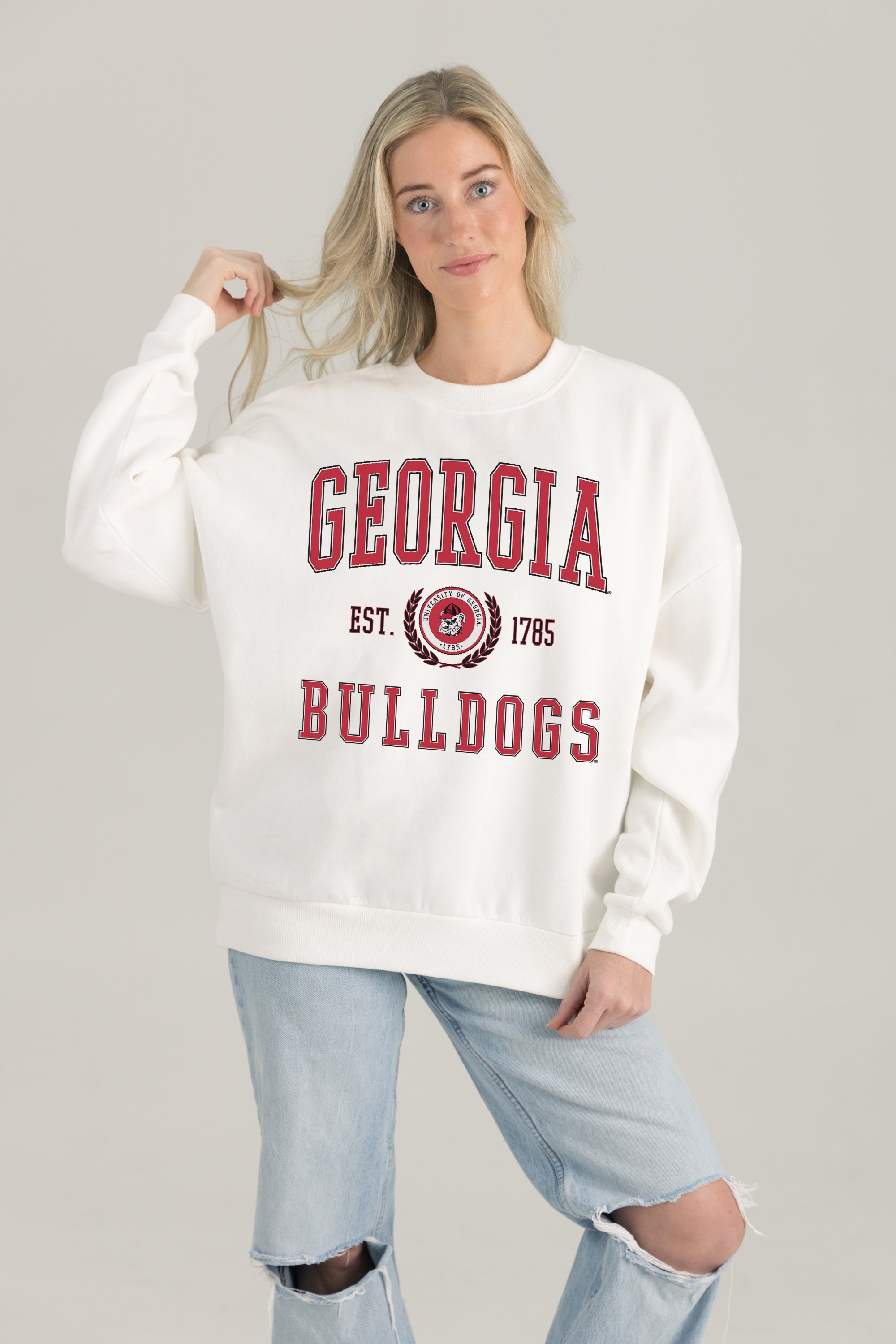 GEORGIA BULLDOGS TIMELESS TRIUMPH PREMIUM FLEECE DROP SHOULDER CREWNECK PULLOVER