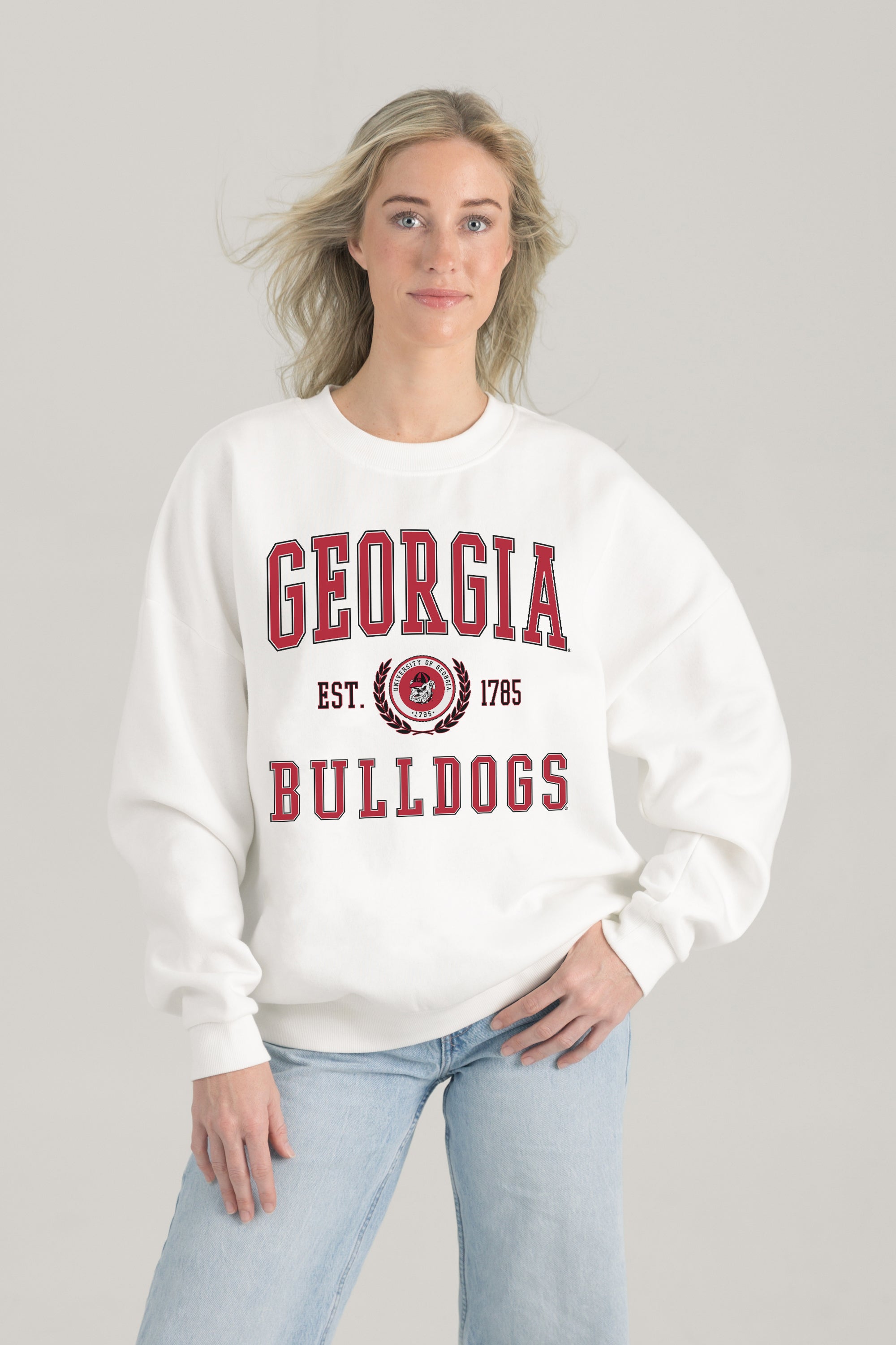 GEORGIA BULLDOGS TIMELESS TRIUMPH PREMIUM FLEECE DROP SHOULDER CREWNECK PULLOVER