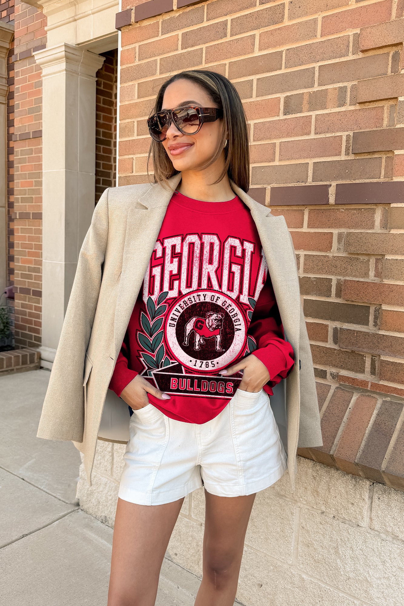 GEORGIA BULLDOGS CLASSIC ARCHIVES PREMIUM DROP SHOULDER FLEECE CREWNECK PULLOVER