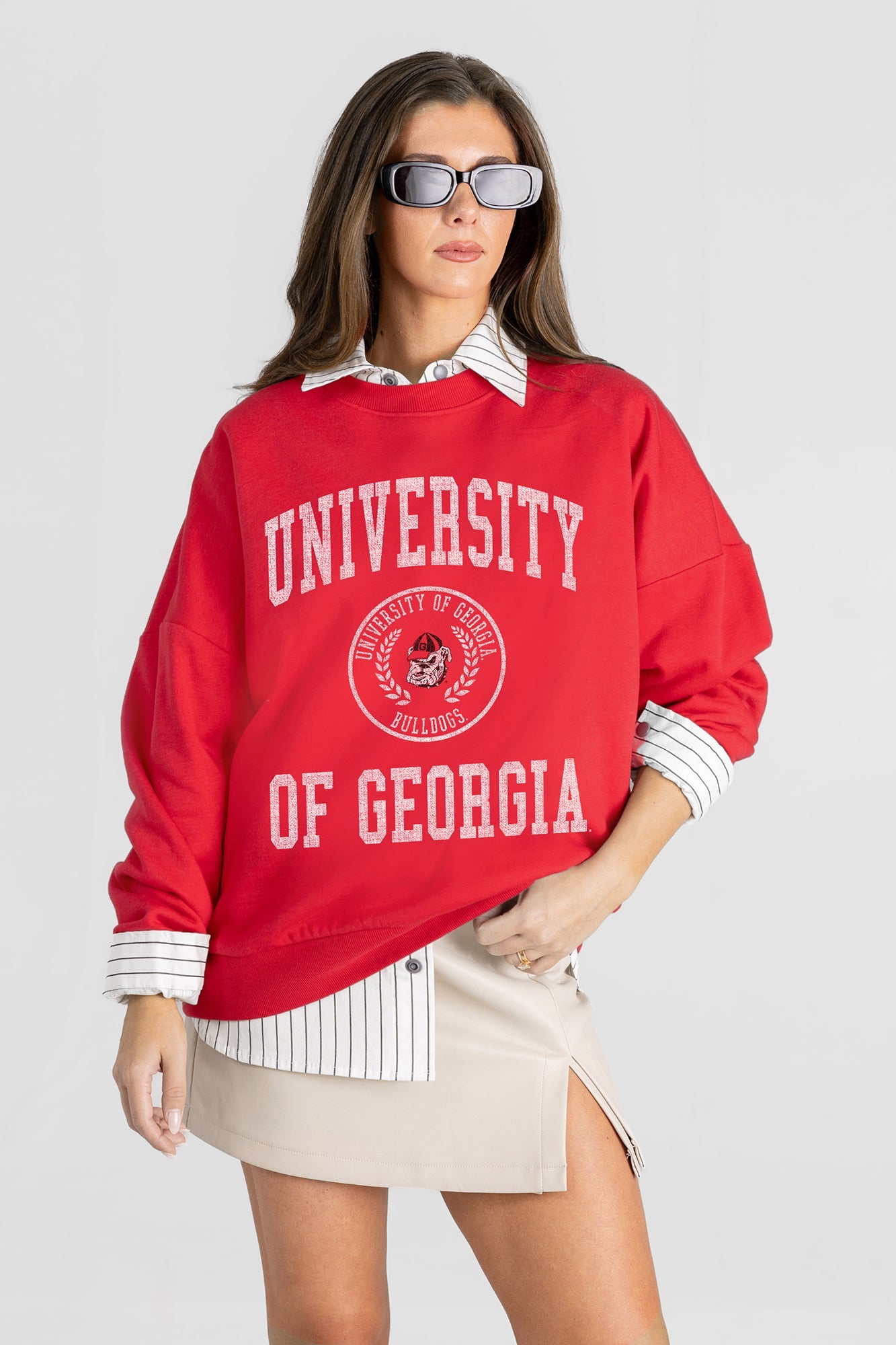 GEORGIA BULLDOGS PRIME PLAY PREMIUM FLEECE DROP SHOULDER CREWNECK PULLOVER