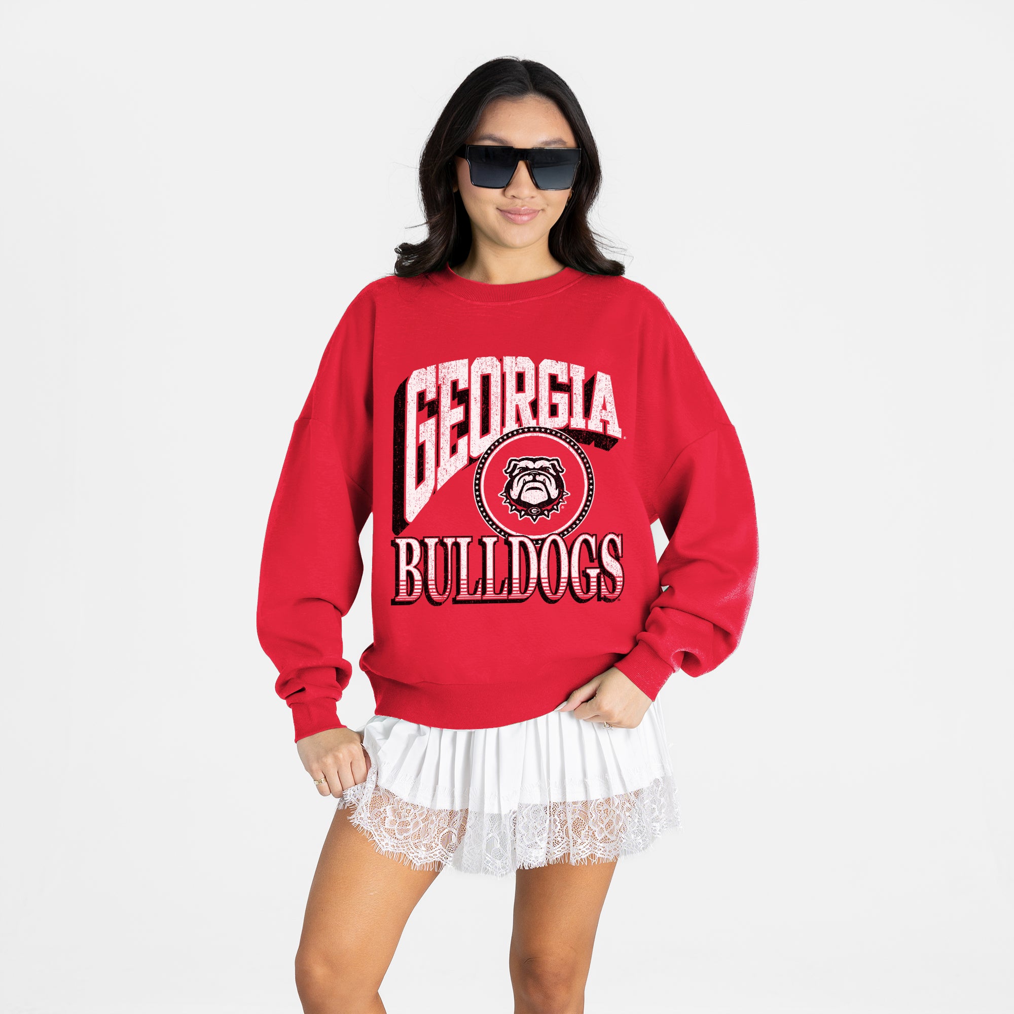 GEORGIA BULLDOGS MAIN CHARACTER PREMIUM FLEECE DROP SHOULDER CREWNECK PULLOVER