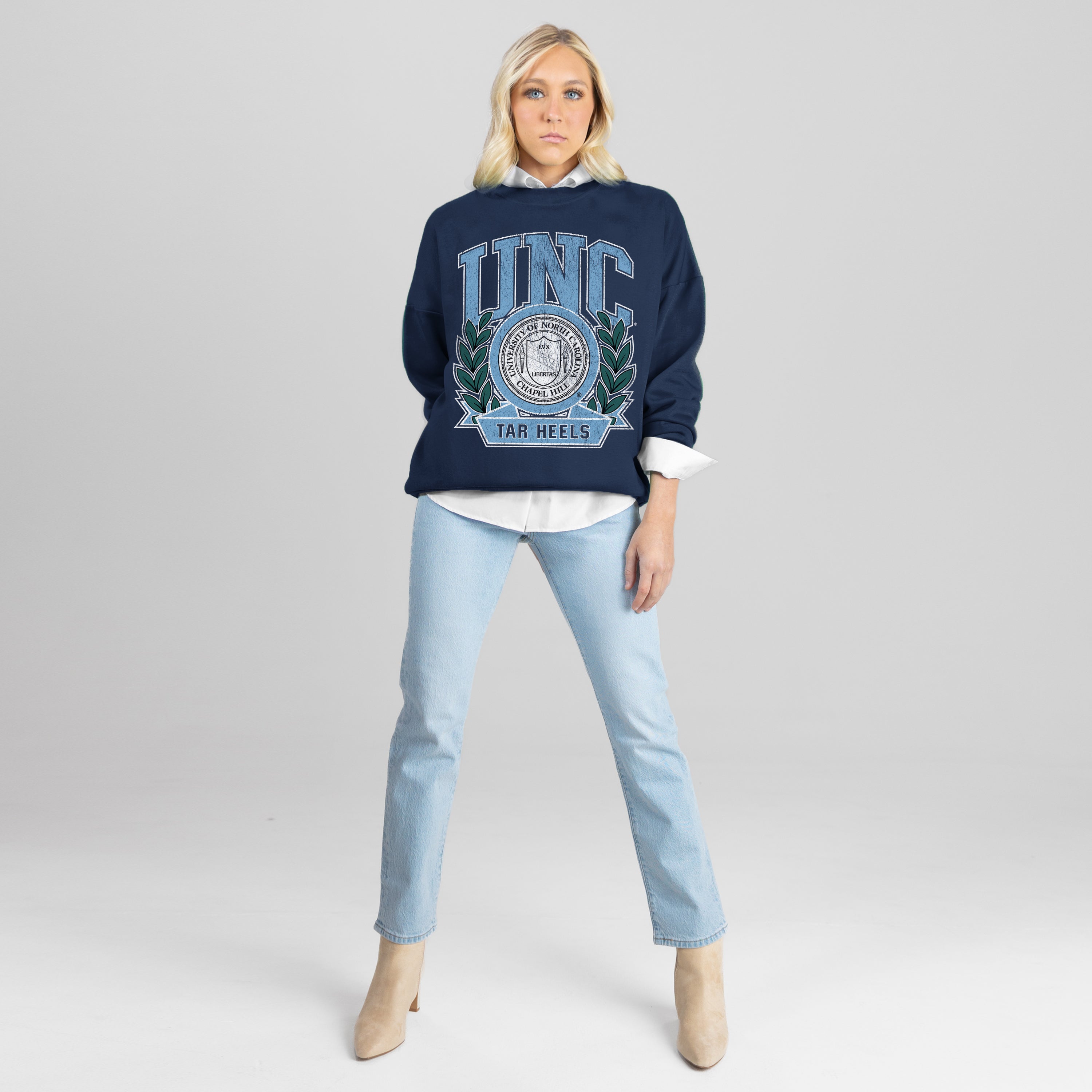 NORTH CAROLINA TAR HEELS CLASSIC ARCHIVES PREMIUM DROP SHOULDER FLEECE CREWNECK PULLOVER