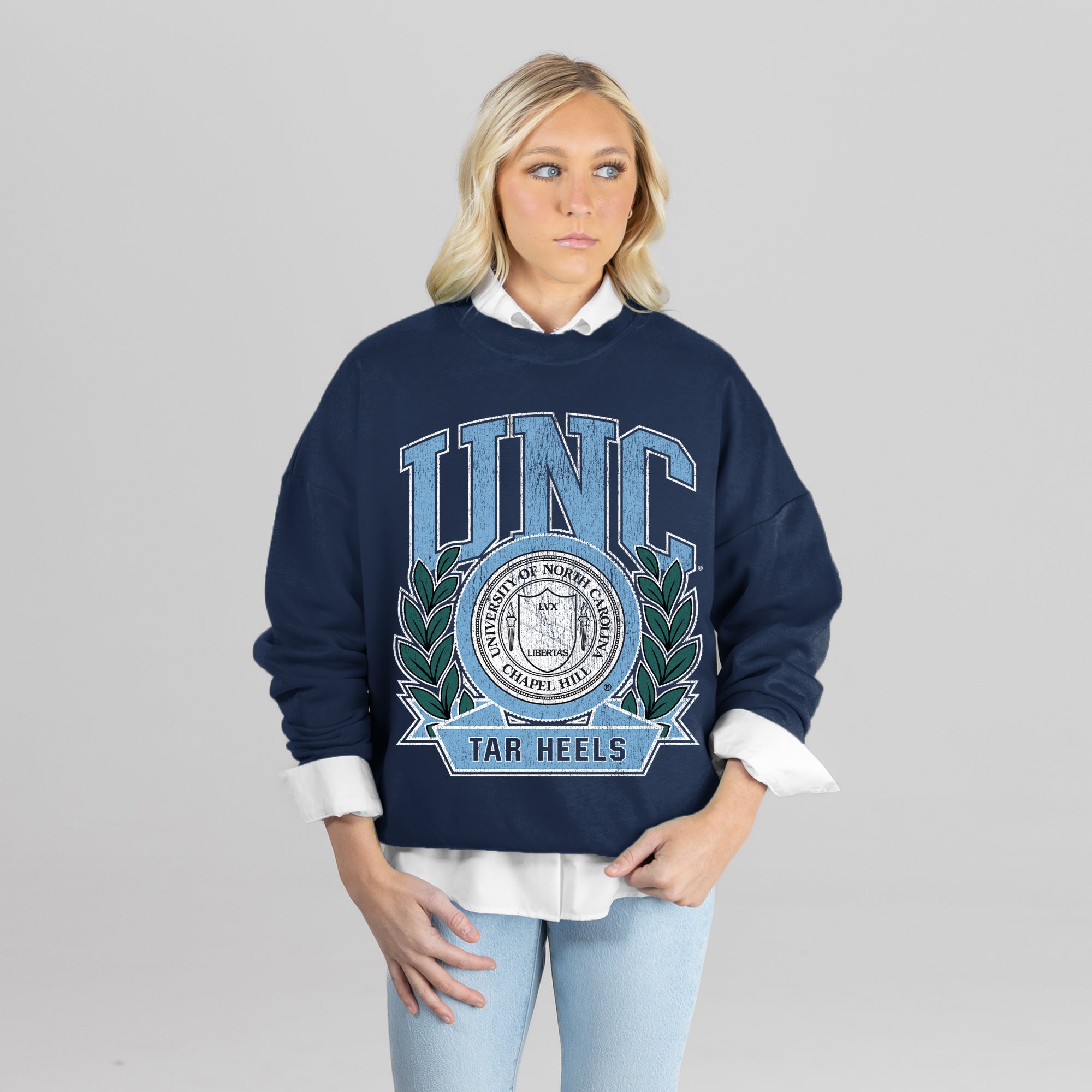 NORTH CAROLINA TAR HEELS CLASSIC ARCHIVES PREMIUM DROP SHOULDER FLEECE CREWNECK PULLOVER