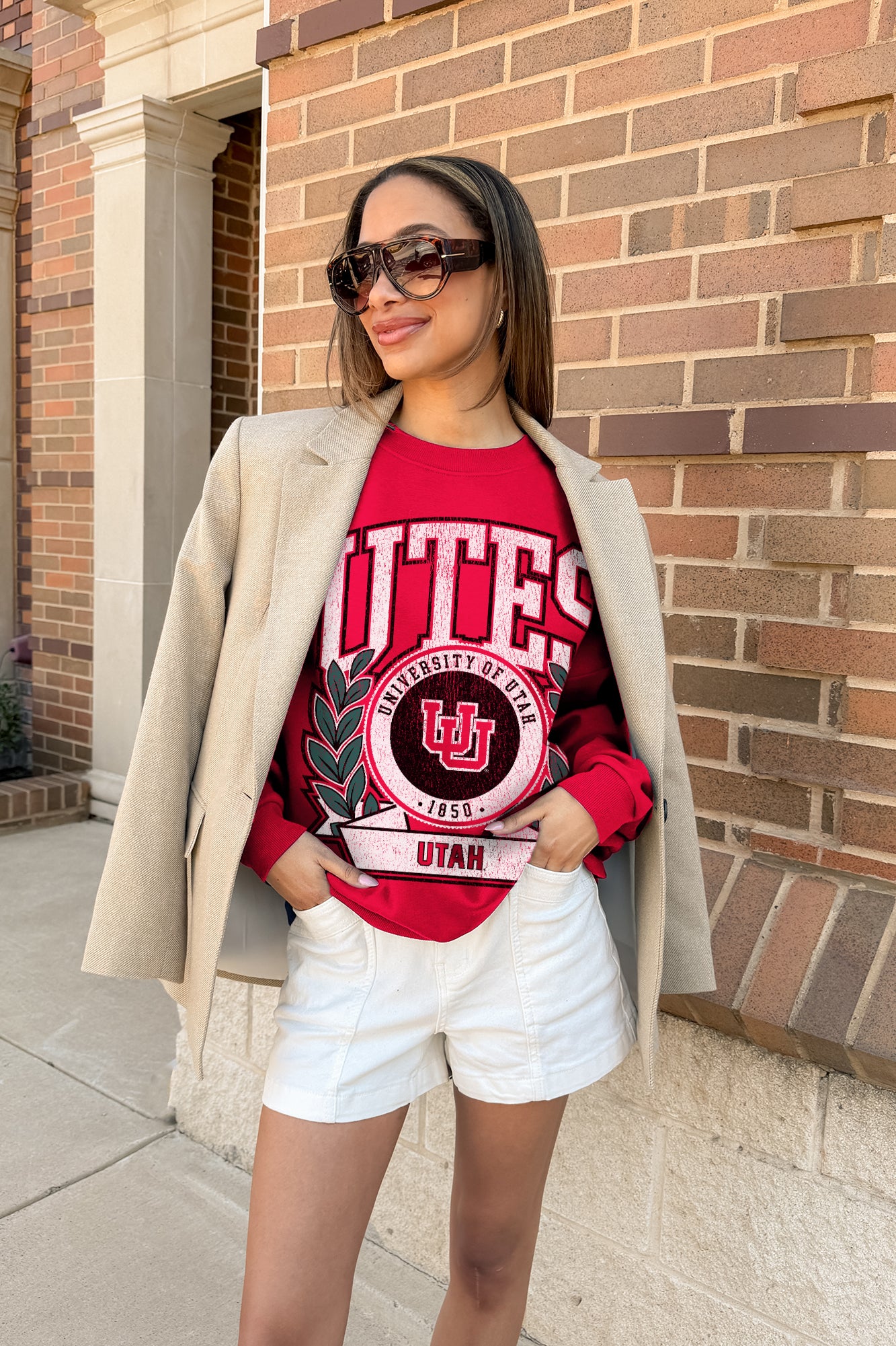 UTAH UTES CLASSIC ARCHIVES PREMIUM DROP SHOULDER FLEECE CREWNECK PULLOVER