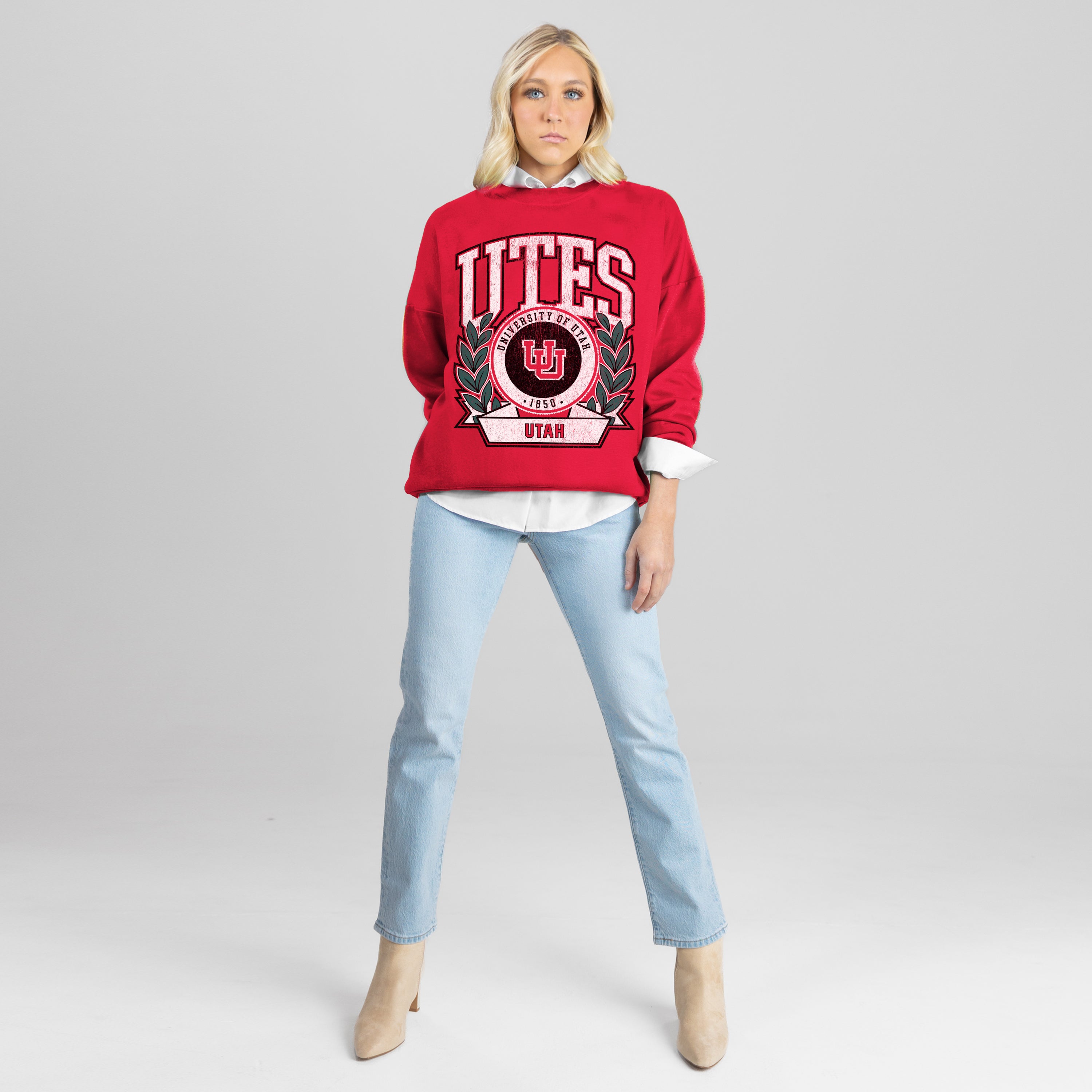 UTAH UTES CLASSIC ARCHIVES PREMIUM DROP SHOULDER FLEECE CREWNECK PULLOVER