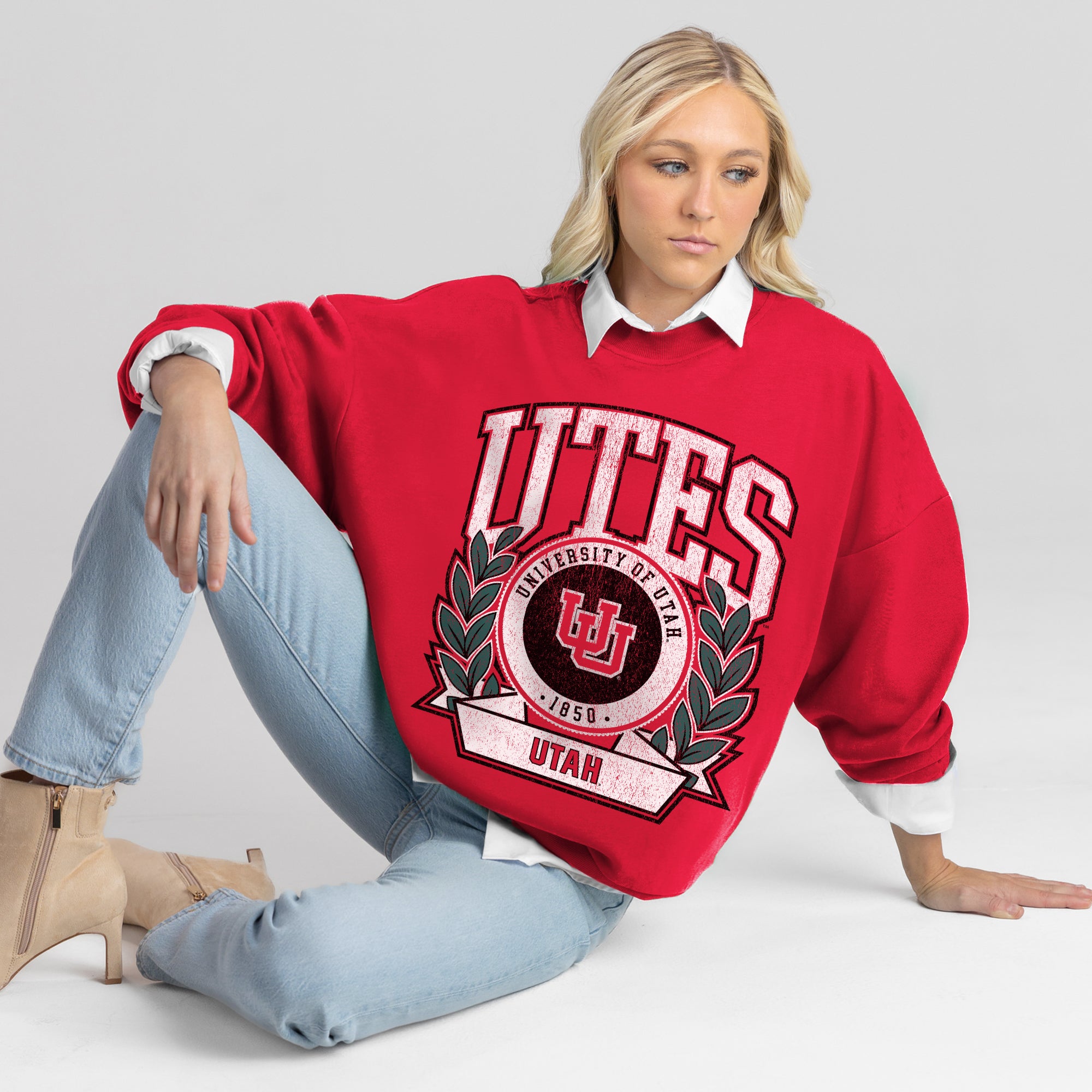 UTAH UTES CLASSIC ARCHIVES PREMIUM DROP SHOULDER FLEECE CREWNECK PULLOVER