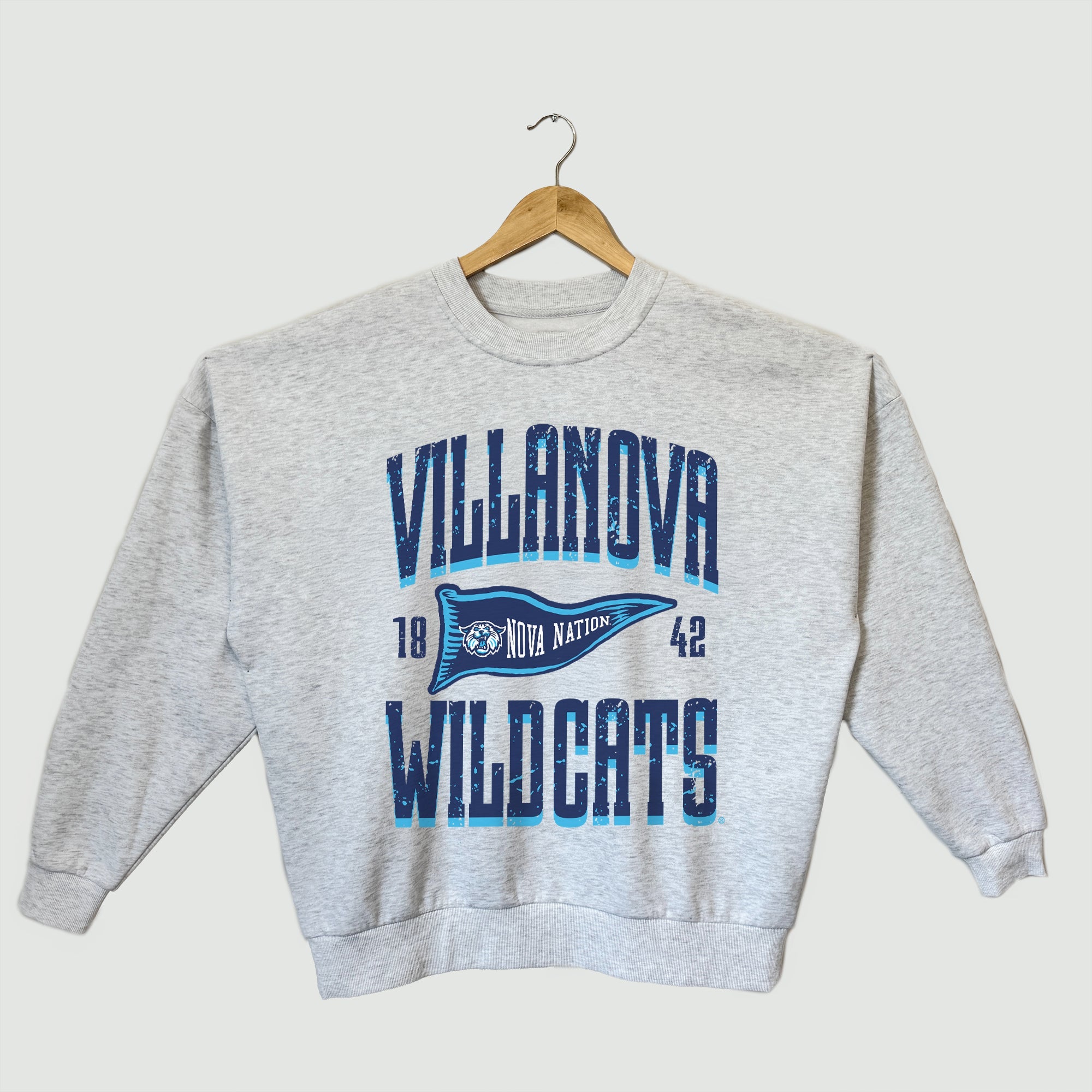 VILLANOVA WILDCATS PENNANT PRIDE PREMIUM FLEECE DROP SHOULDER CREWNECK PULLOVER
