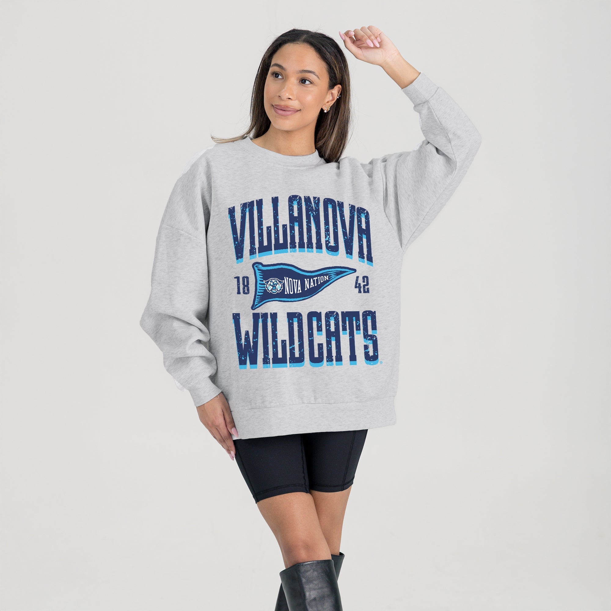 VILLANOVA WILDCATS PENNANT PRIDE PREMIUM FLEECE DROP SHOULDER CREWNECK PULLOVER