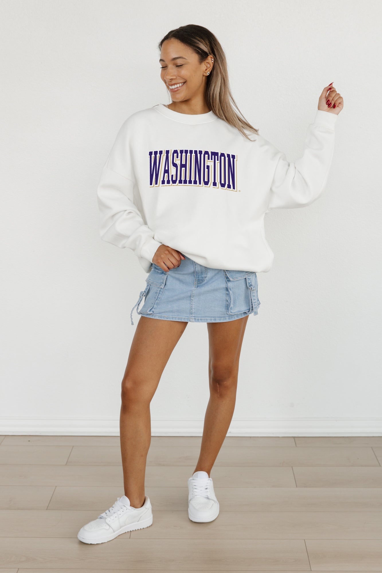 WASHINGTON HUSKIES ALL-STAR APPEAL PREMIUM FLEECE DROP SHOULDER CREWNECK PULLOVER BY MADI PREWETT TROUTT