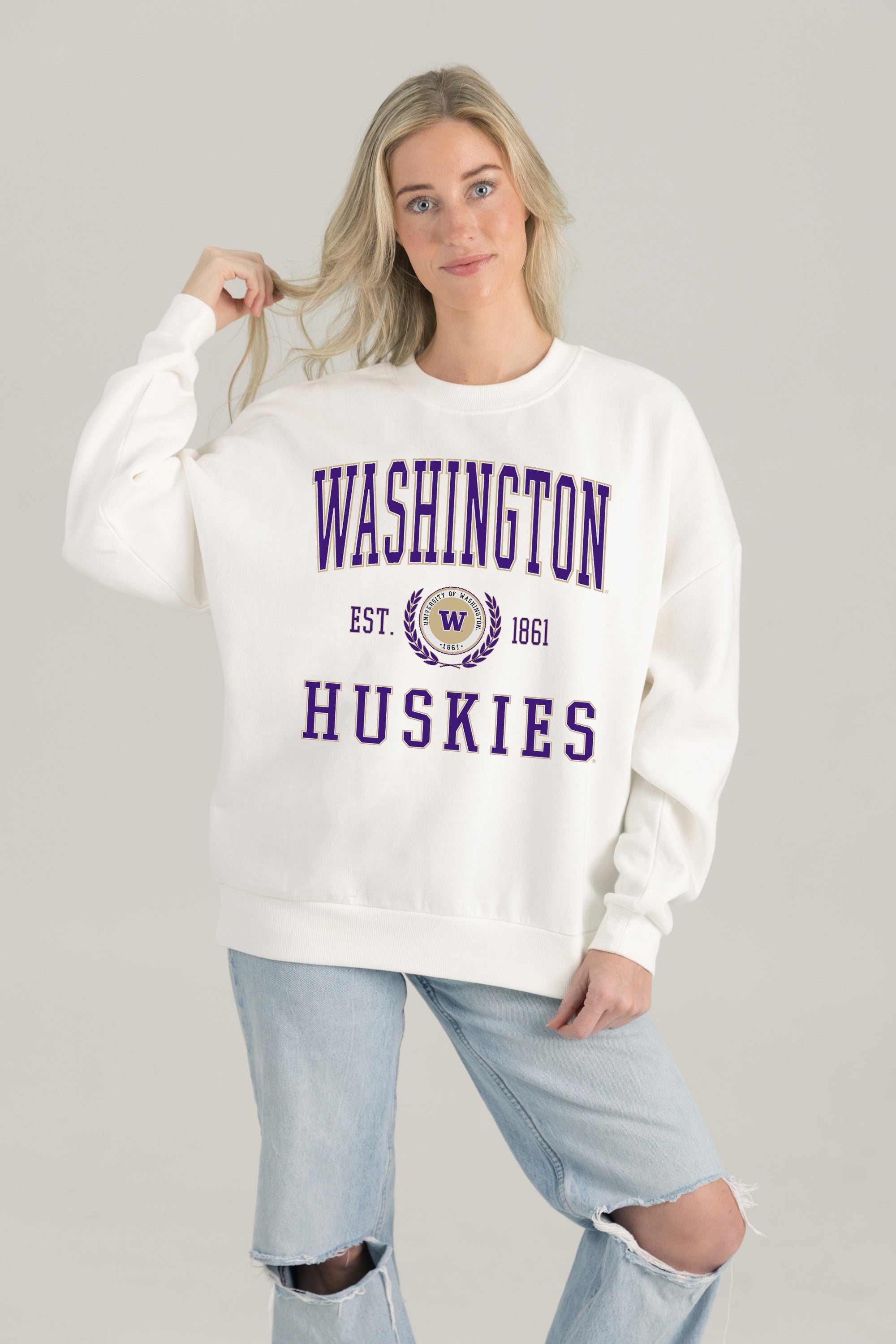 WASHINGTON HUSKIES TIMELESS TRIUMPH PREMIUM FLEECE DROP SHOULDER CREWNECK PULLOVER