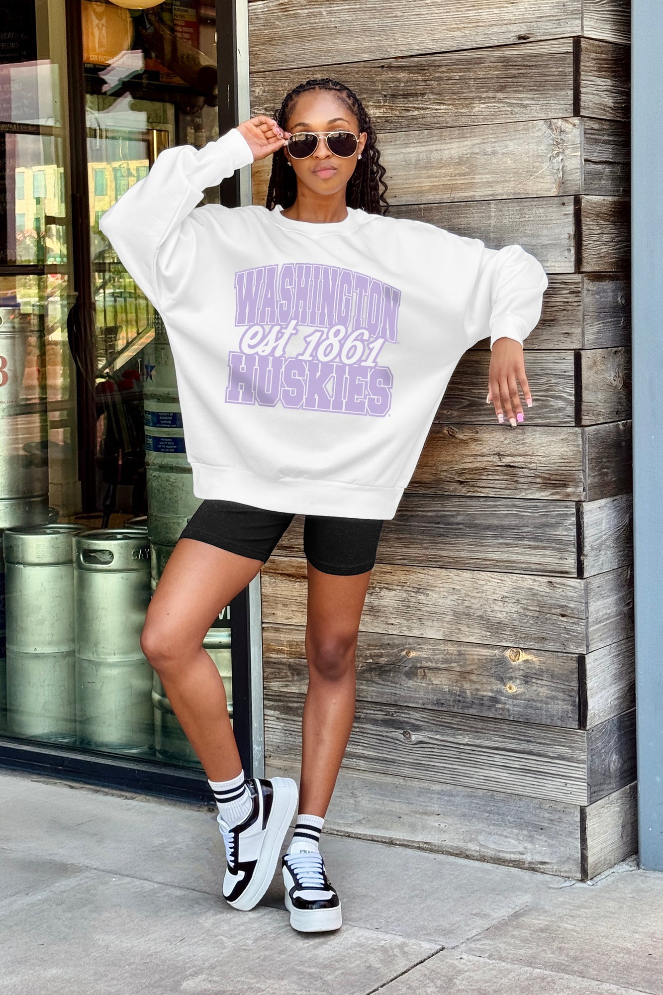 WASHINGTON HUSKIES FADED FORMATION PREMIUM FLEECE DROP SHOULDER CREWNECK PULLOVER