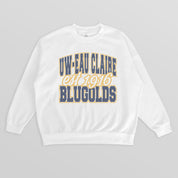 WISCONSIN-EAU CLAIRE BLUGOLDS FADED FORMATION PREMIUM FLEECE DROP SHOULDER CREWNECK PULLOVER