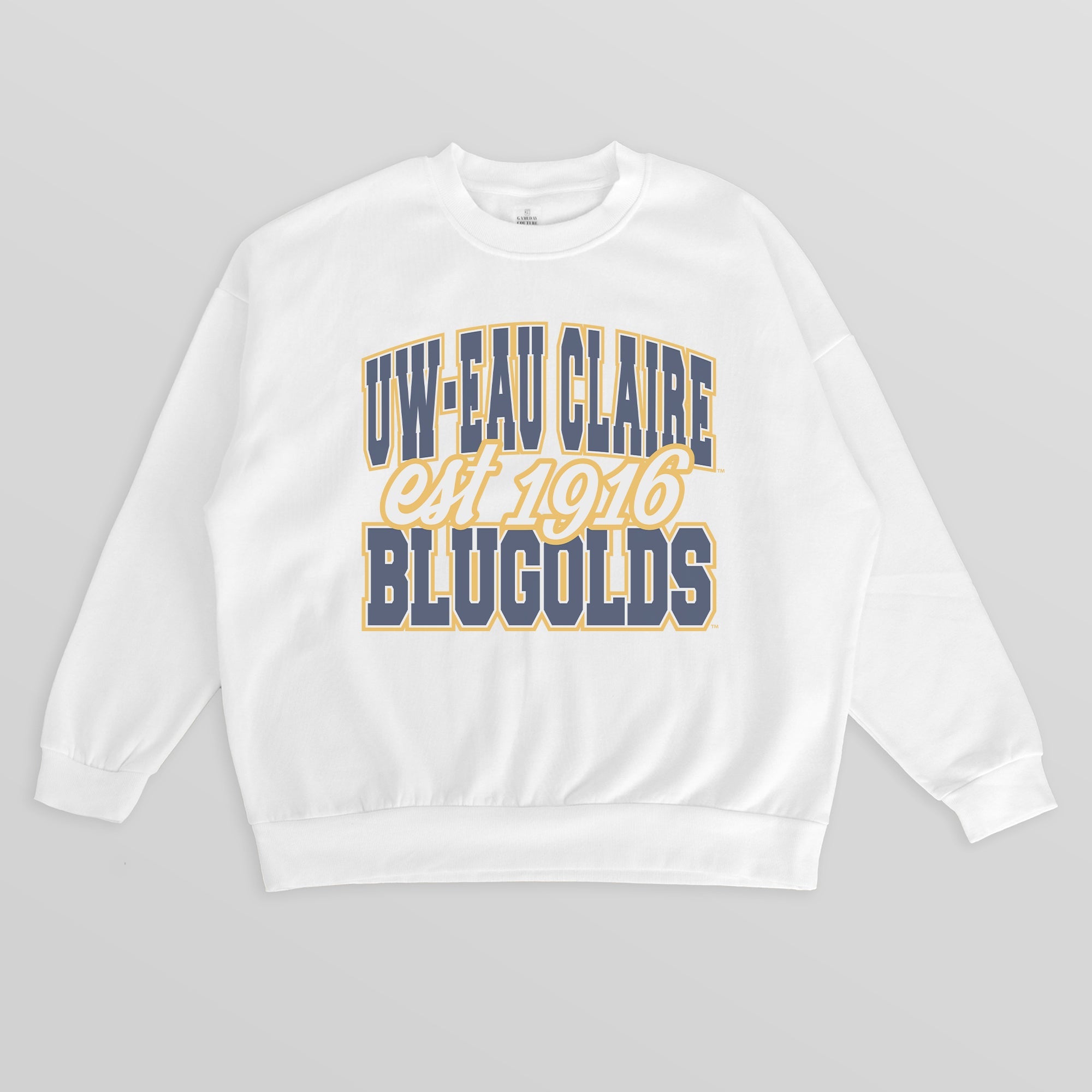WISCONSIN-EAU CLAIRE BLUGOLDS FADED FORMATION PREMIUM FLEECE DROP SHOULDER CREWNECK PULLOVER