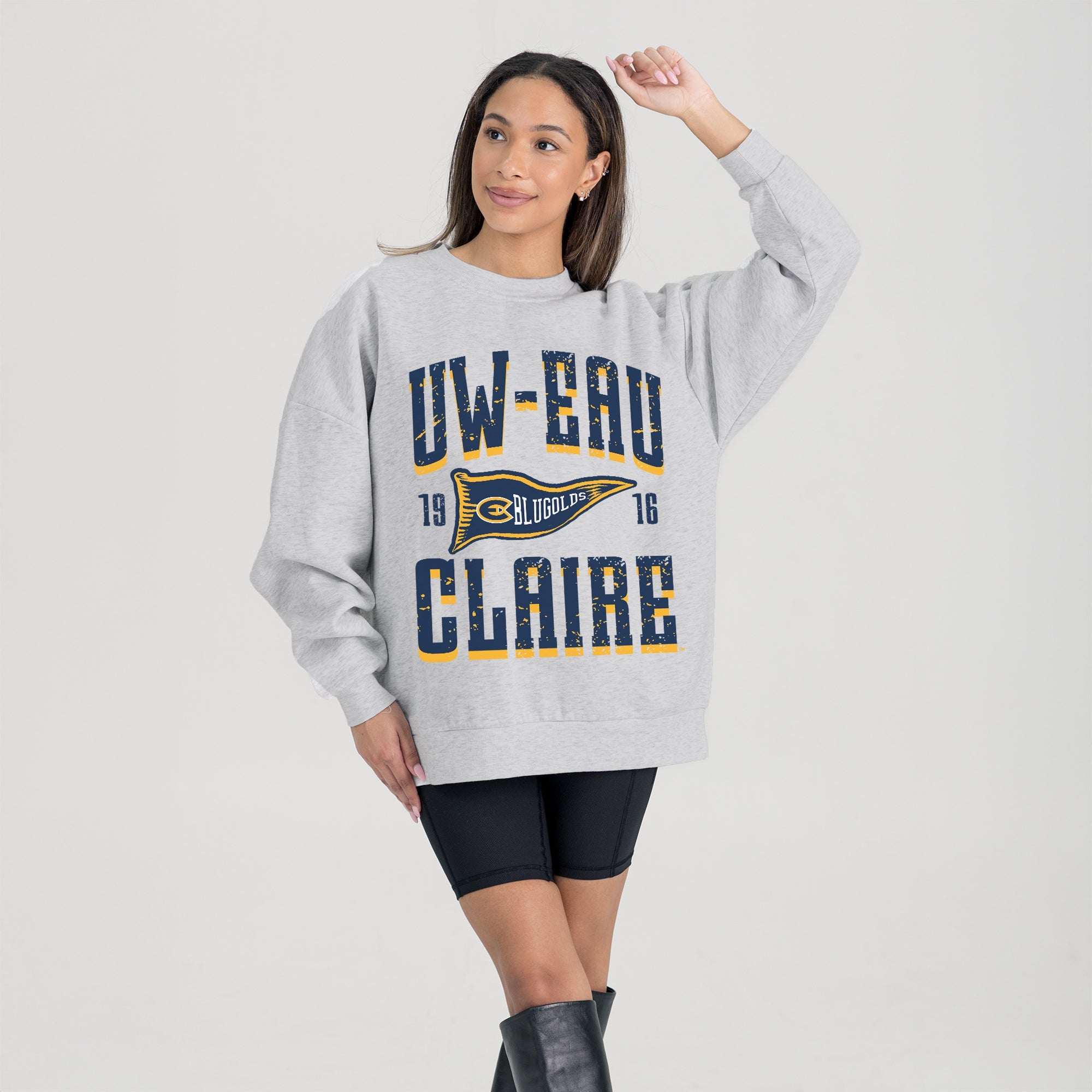 WISCONSIN-EAU CLAIRE BLUGOLDS PENNANT PRIDE PREMIUM FLEECE DROP SHOULDER CREWNECK PULLOVER