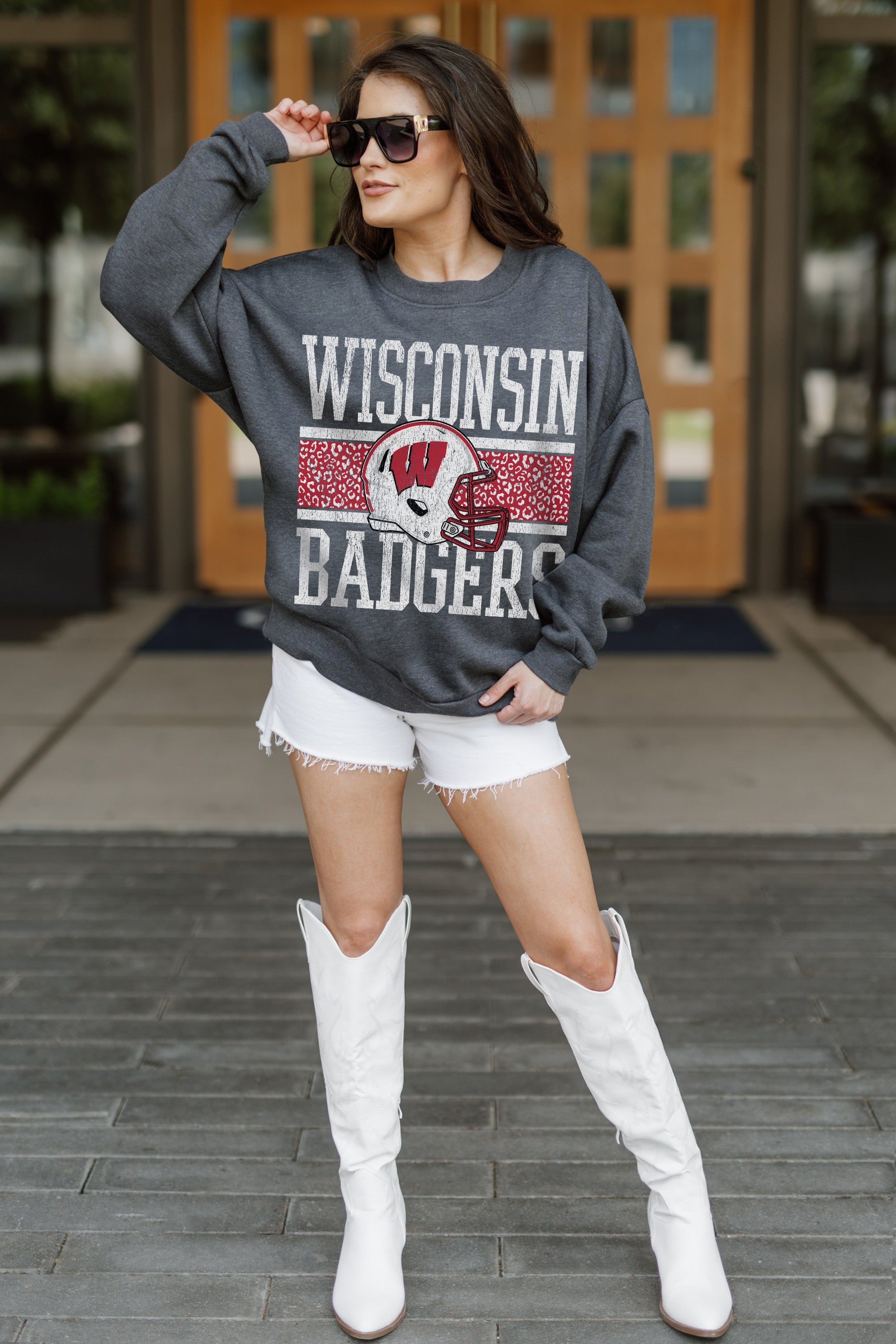 WISCONSIN BADGERS WILD TAILGATE PREMIUM FLEECE DROP SHOULDER CREWNECK PULLOVER