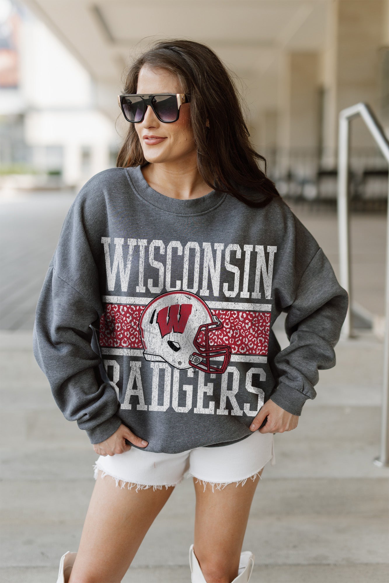 WISCONSIN BADGERS WILD TAILGATE PREMIUM FLEECE DROP SHOULDER CREWNECK PULLOVER