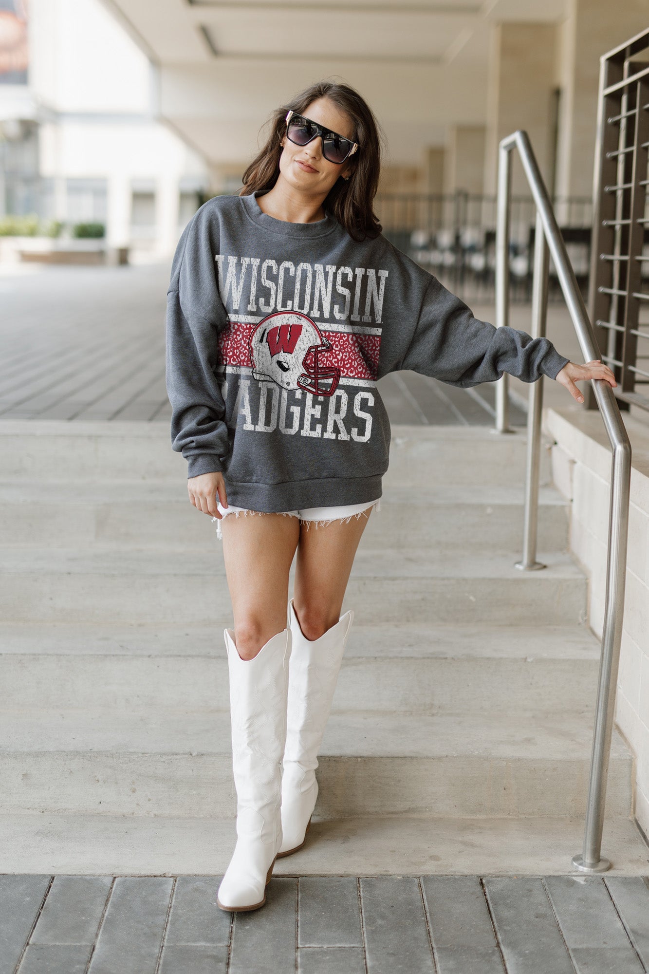 WISCONSIN BADGERS WILD TAILGATE PREMIUM FLEECE DROP SHOULDER CREWNECK PULLOVER