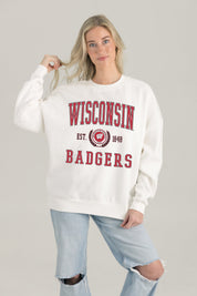 WISCONSIN BADGERS TIMELESS TRIUMPH PREMIUM FLEECE DROP SHOULDER CREWNECK PULLOVER