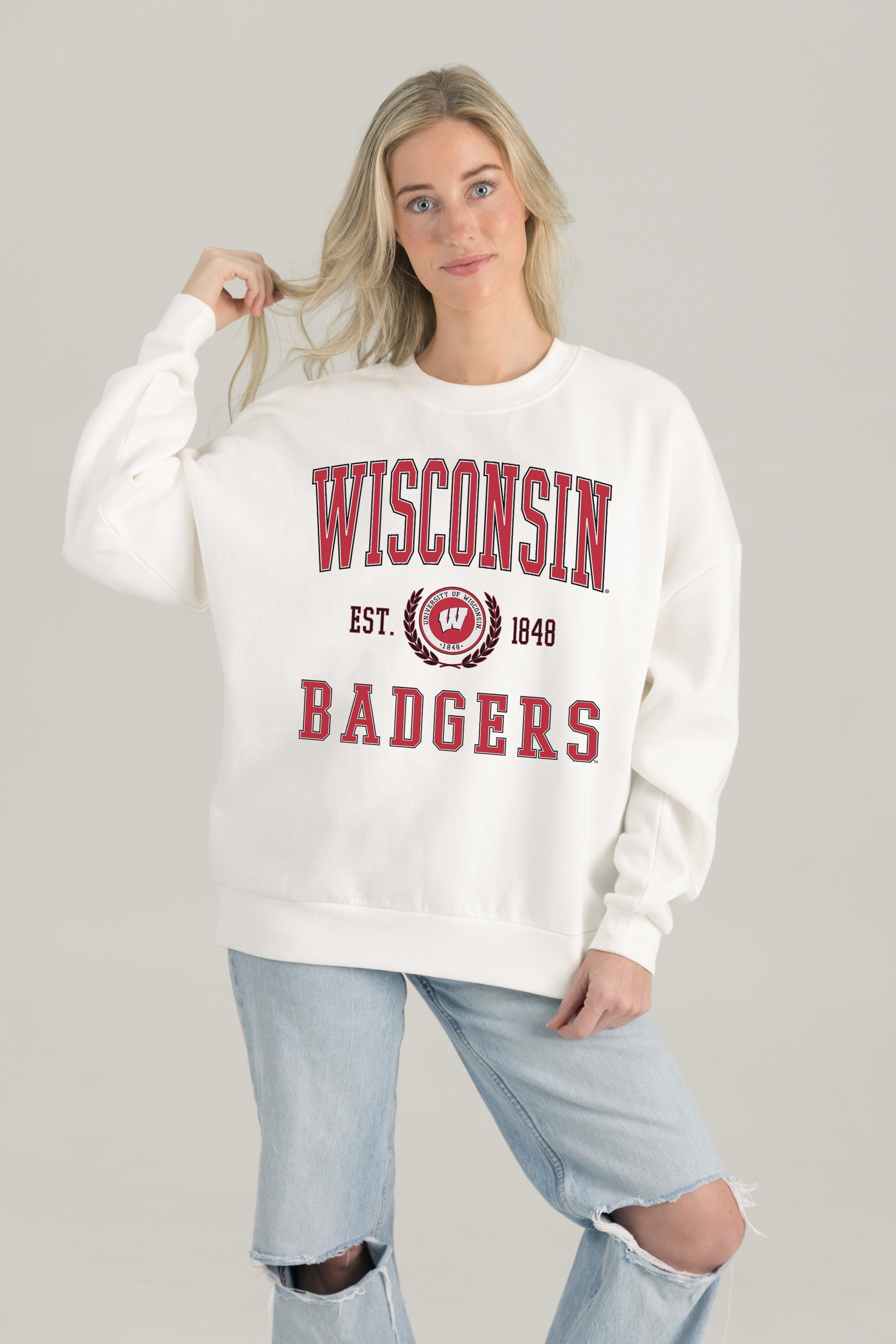 WISCONSIN BADGERS TIMELESS TRIUMPH PREMIUM FLEECE DROP SHOULDER CREWNECK PULLOVER