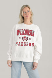 WISCONSIN BADGERS TIMELESS TRIUMPH PREMIUM FLEECE DROP SHOULDER CREWNECK PULLOVER