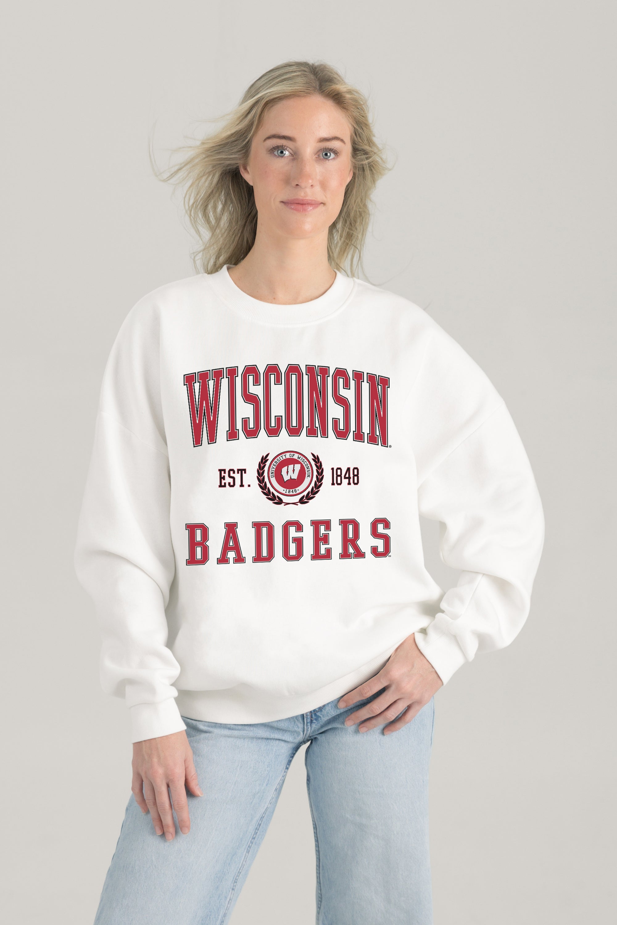 WISCONSIN BADGERS TIMELESS TRIUMPH PREMIUM FLEECE DROP SHOULDER CREWNECK PULLOVER