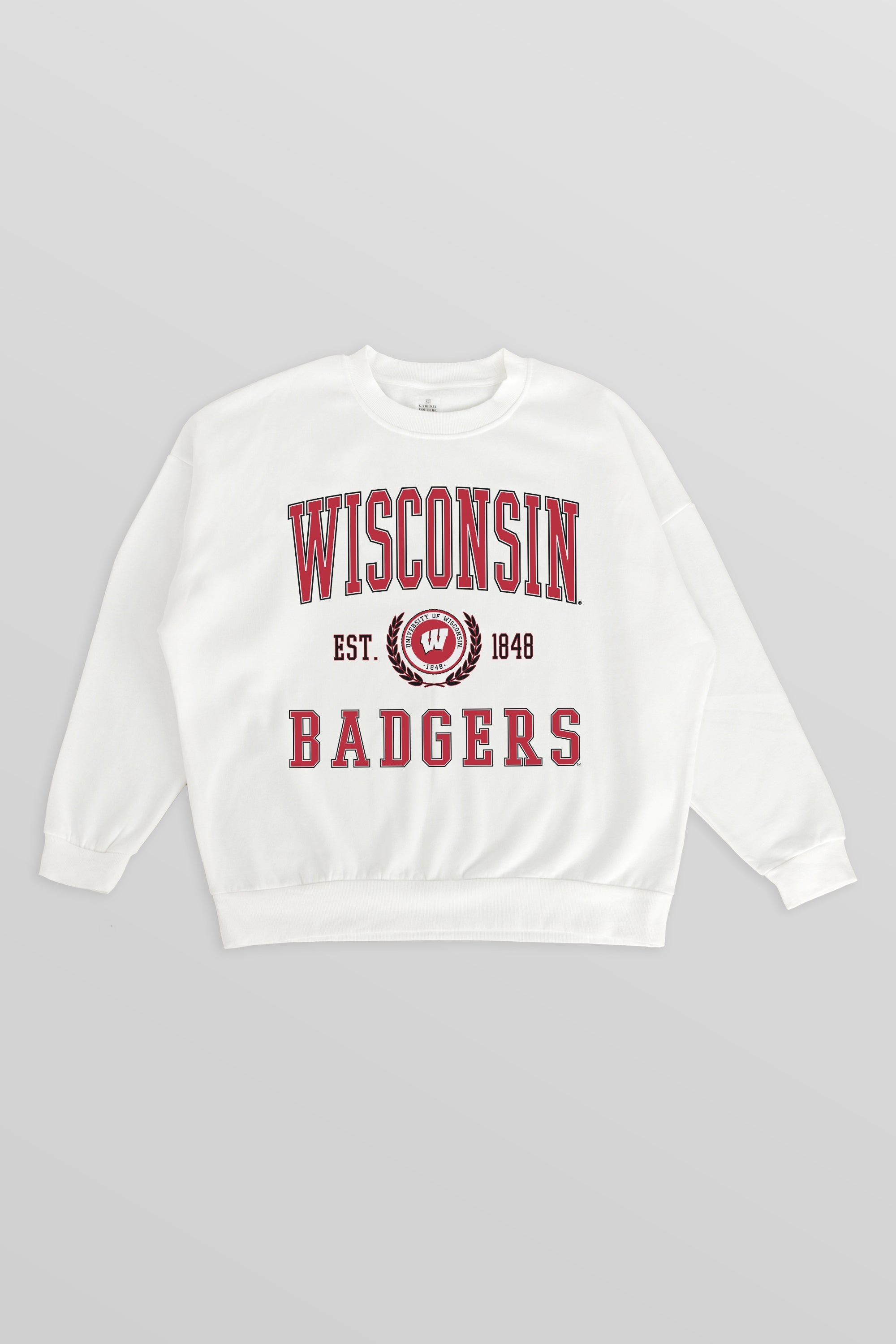 WISCONSIN BADGERS TIMELESS TRIUMPH PREMIUM FLEECE DROP SHOULDER CREWNECK PULLOVER