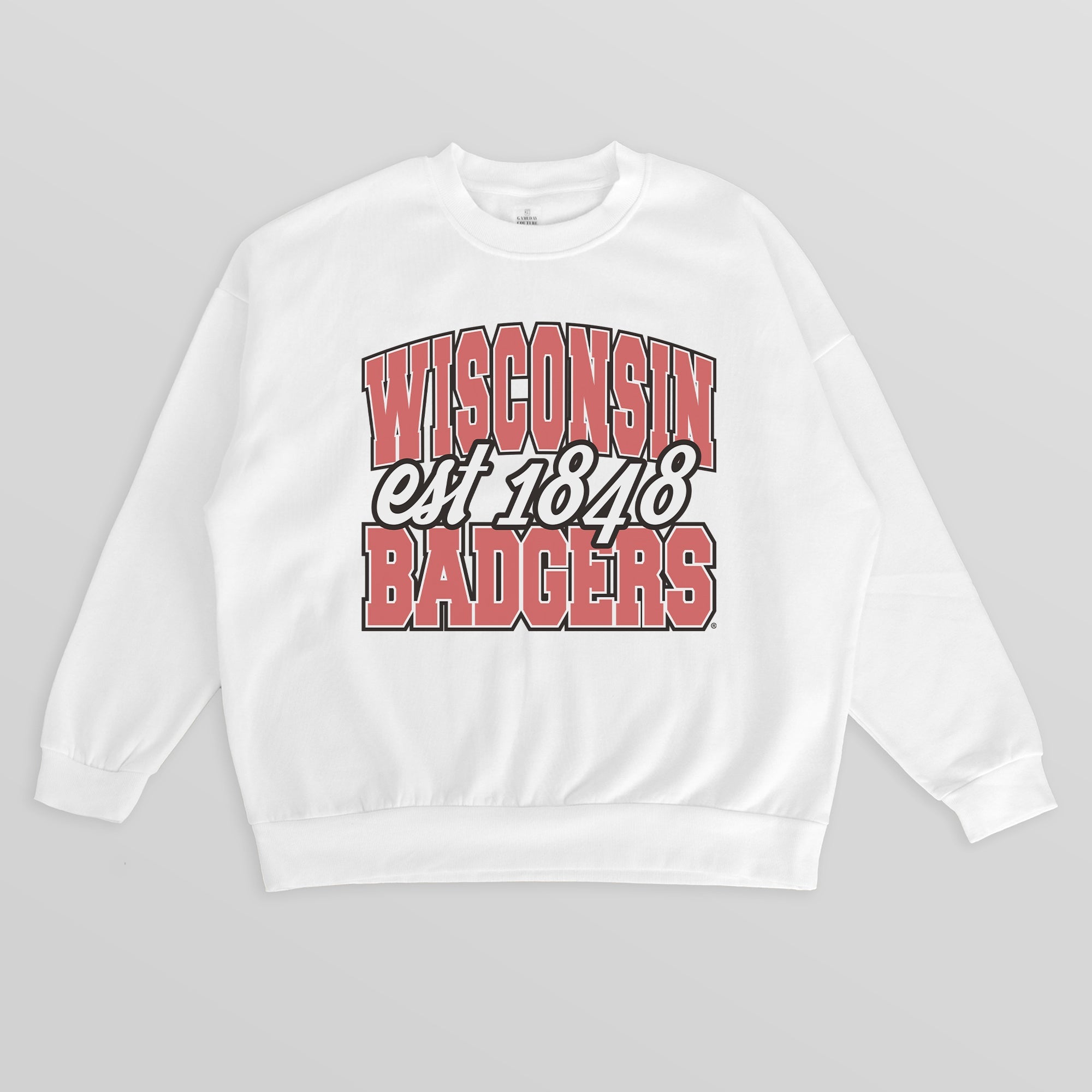 WISCONSIN BADGERS FADED FORMATION PREMIUM FLEECE DROP SHOULDER CREWNECK PULLOVER