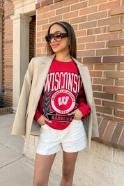WISCONSIN BADGERS CLASSIC ARCHIVES PREMIUM DROP SHOULDER FLEECE CREWNECK PULLOVER