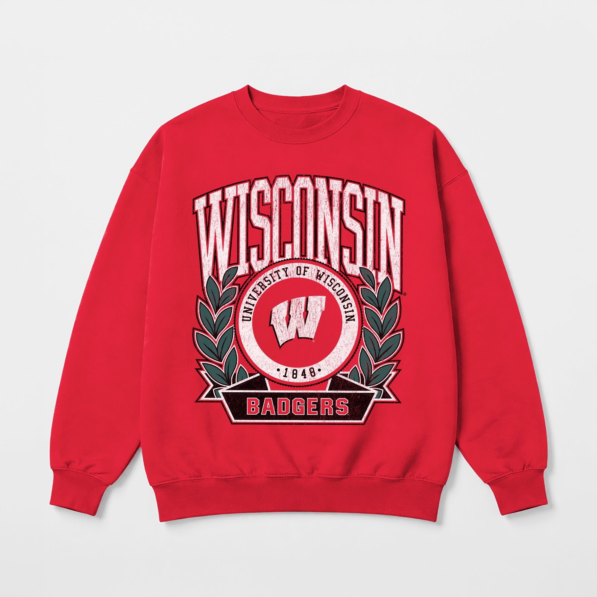 WISCONSIN BADGERS CLASSIC ARCHIVES PREMIUM DROP SHOULDER FLEECE CREWNECK PULLOVER