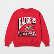 WISCONSIN BADGERS MAIN CHARACTER PREMIUM FLEECE DROP SHOULDER CREWNECK PULLOVER
