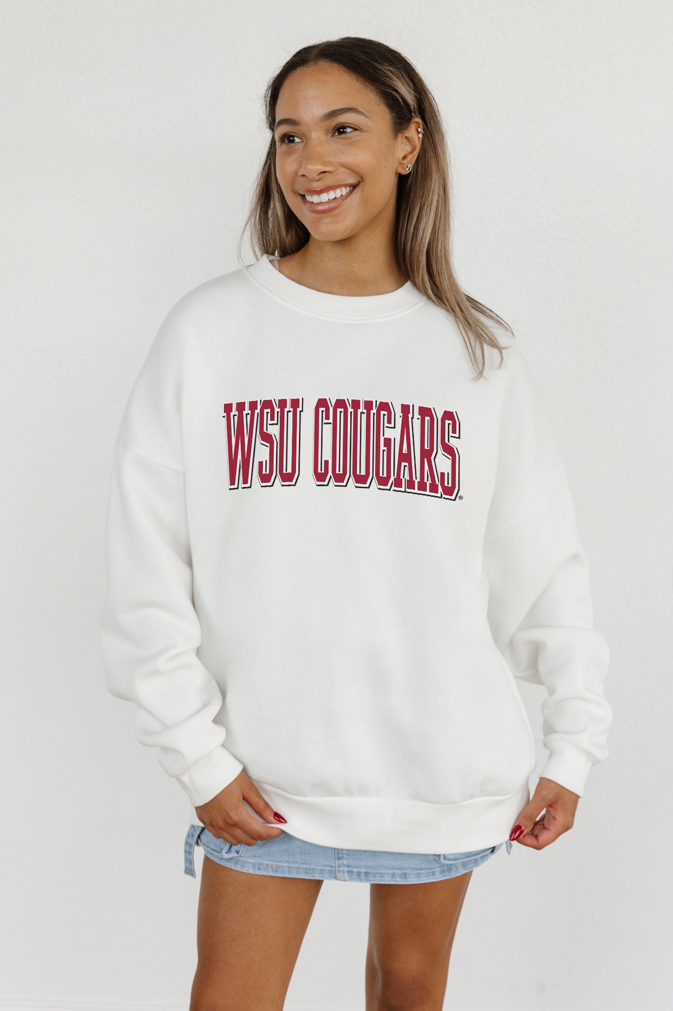 WASHINGTON STATE COUGARS ALL-STAR APPEAL PREMIUM FLEECE DROP SHOULDER CREWNECK PULLOVER BY MADI PREWETT TROUTT