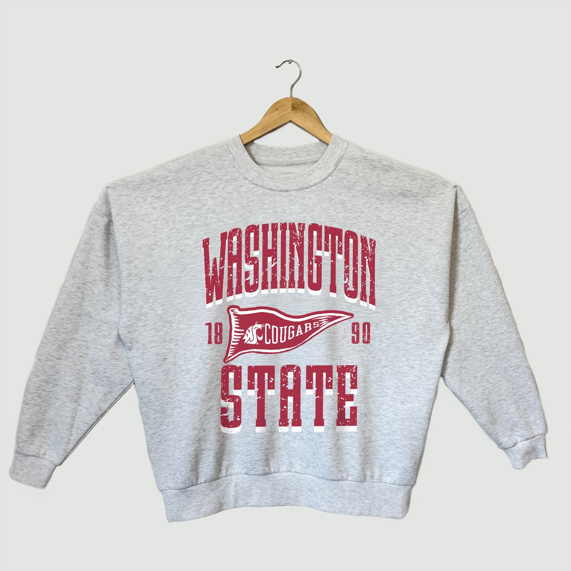 WASHINGTON STATE COUGARS PENNANT PRIDE PREMIUM FLEECE DROP SHOULDER CREWNECK PULLOVER