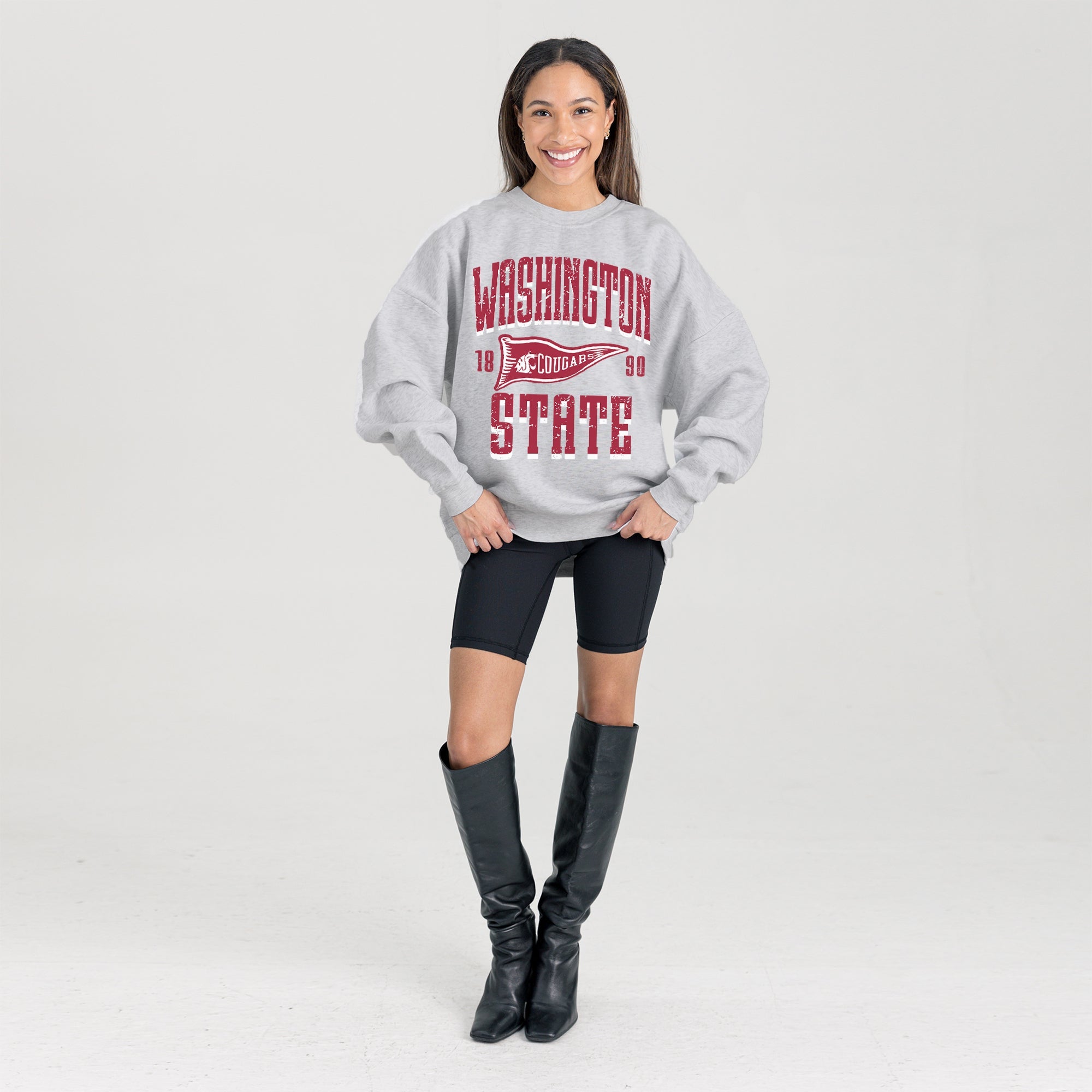 WASHINGTON STATE COUGARS PENNANT PRIDE PREMIUM FLEECE DROP SHOULDER CREWNECK PULLOVER