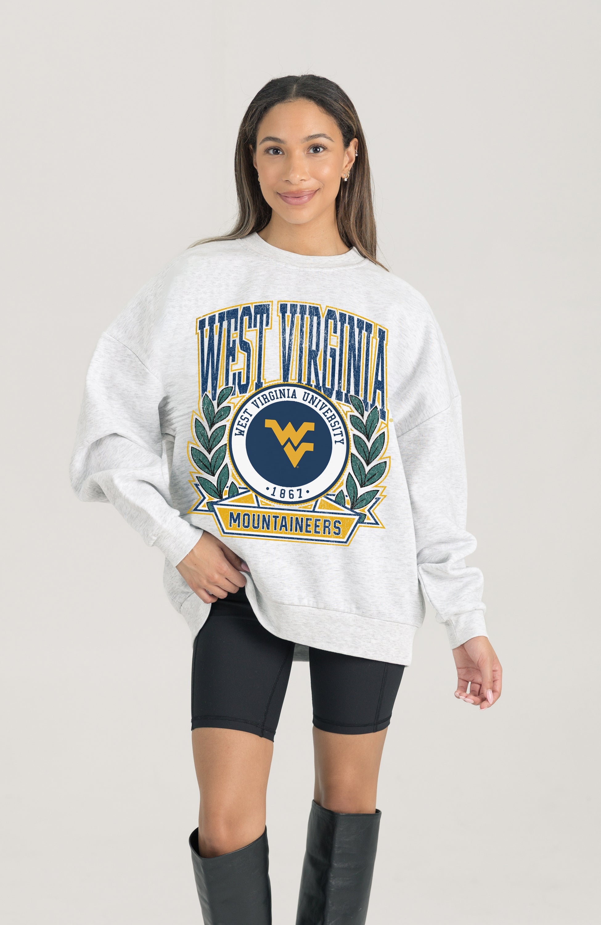 WEST VIRGINIA MOUNTAINEERS HERITAGE PREMIUM FLEECE DROP SHOULDER CREWNECK PULLOVER