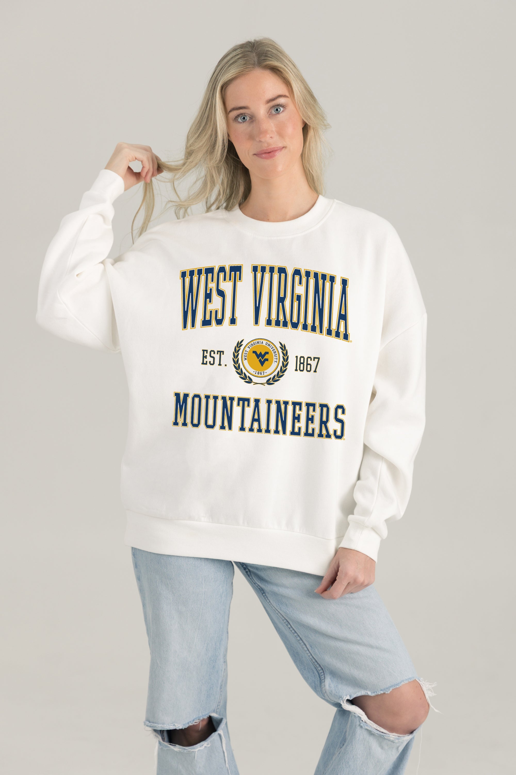 WEST VIRGINIA MOUNTAINEERS TIMELESS TRIUMPH PREMIUM FLEECE DROP SHOULDER CREWNECK PULLOVER