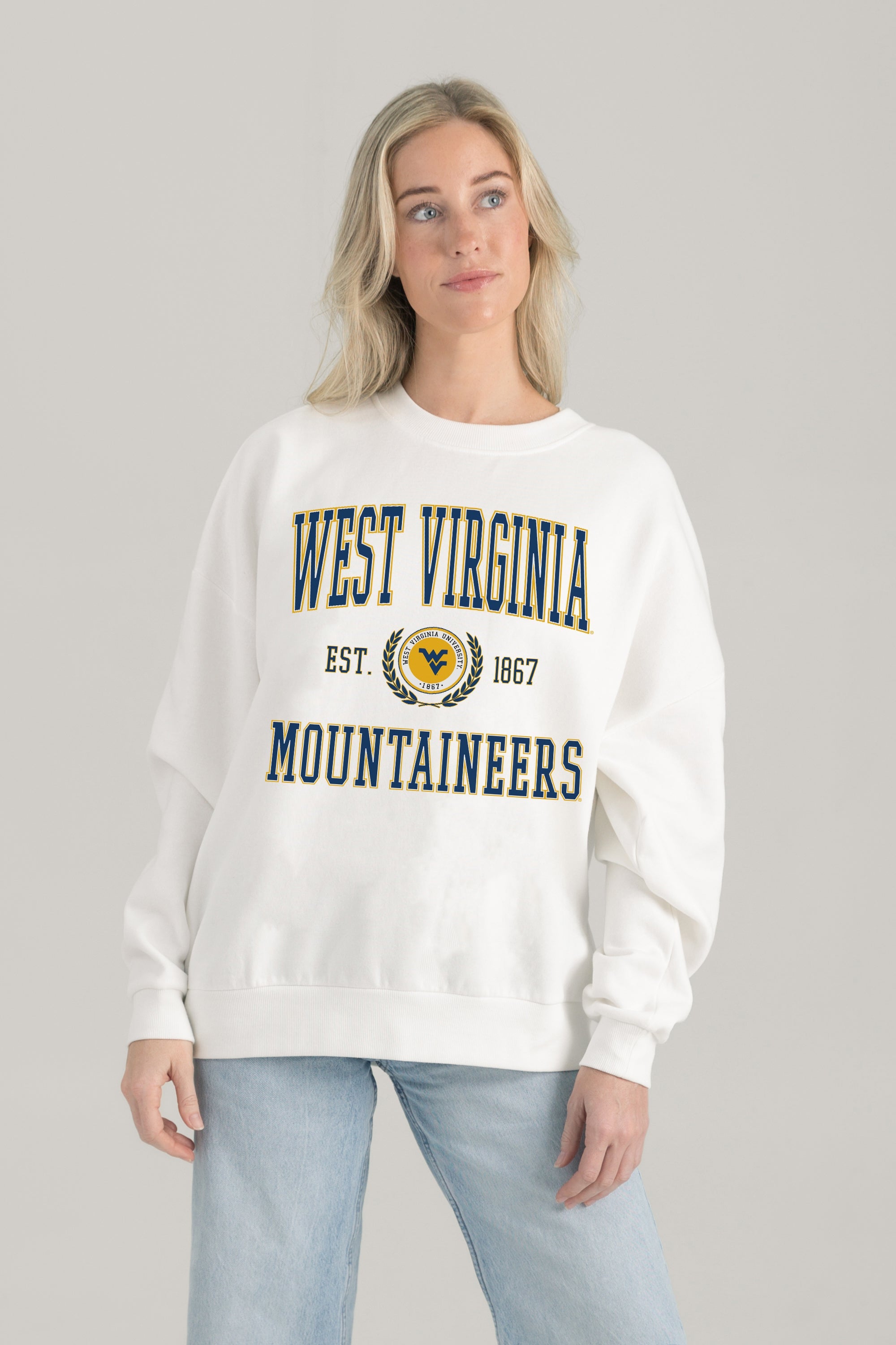WEST VIRGINIA MOUNTAINEERS TIMELESS TRIUMPH PREMIUM FLEECE DROP SHOULDER CREWNECK PULLOVER