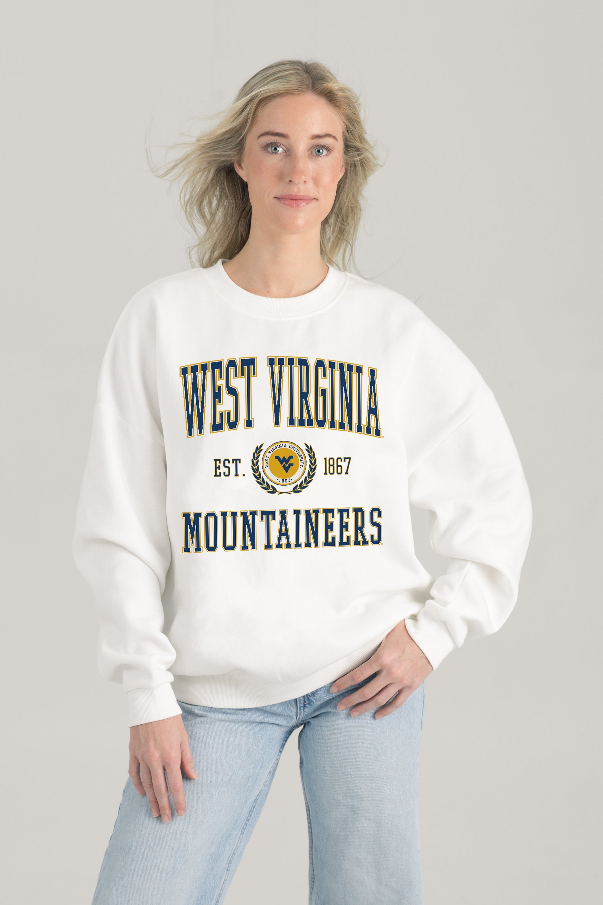 WEST VIRGINIA MOUNTAINEERS TIMELESS TRIUMPH PREMIUM FLEECE DROP SHOULDER CREWNECK PULLOVER